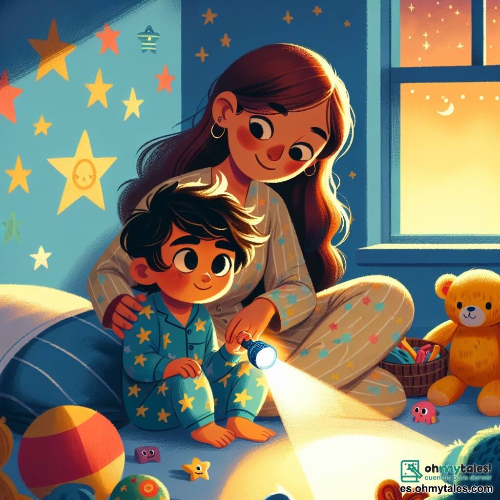 Un niño de 2 años, Lucas, con cabello castaño desordenado y grandes ojos curiosos, sostiene una pequeña linterna que ilumina su rostro con un suave resplandor. Sonriente y decidido, está sentado en su cama, rodeado de peluches coloridos. Su mamá, una mujer de unos 30 años con cabello largo y castaño, está a su lado, dándole un abrazo reconfortante. Lleva un pijama con estrellas y mira a Lucas con ternura, tranquilizándolo en la oscuridad. La escena tiene lugar en una habitación infantil acogedora, con paredes pintadas de azul claro, estrellas doradas en el techo y juguetes esparcidos por el suelo. Una ventana muestra la noche estrellada afuera. Lucas, con su linterna encendida, explora las sombras de su habitación, descubriendo que pueden ser divertidas y no aterradoras. La luz crea formas danzantes en las paredes, y Lucas ríe, dándose cuenta de que la noche puede ser un lugar mágico.