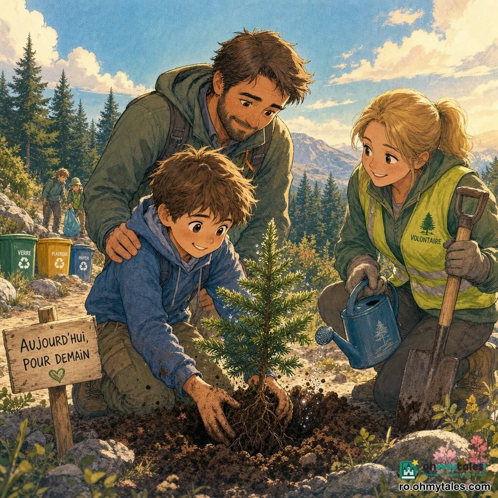 Un băiat de 8 ani, față rotundă, păr castaniu dezordonat, ochi mari strălucitori și zâmbet hotărât, îngenuncheat cu mâini mici și murdare plantând un puiet de brad într-o bucată de pământ întunecat; în spate, tatăl, bărbat cu barbă scurtă și geacă de drumeție, stă cu mâinile pe umerii lui, privire mândră și blândă; o voluntară în jur de treizeci de ani, păr blond într-o coadă, vestă verde fluorescentă, ține un mic stropitor și zâmbește sprijinindu-se de o lopată; pe fundal un potecă de munte ușor în pantă cu pietre, tufișuri, câțiva brazi maturi și coșuri de gunoi colorate; lumină caldă de sfârșit de după-amiază, umbre lungi, cer albastru pal cu nori pufoși; acțiunea arată plantarea bradului cu pământ stropit, rădăcini vizibile, expresie de speranță a băiatului și picături de apă sclipind pe ace; stil vizual cu culori moi și contrastante, contururi clare de bandă desenată, texturi de creion și acuarelă, atmosferă caldă și încurajatoare.