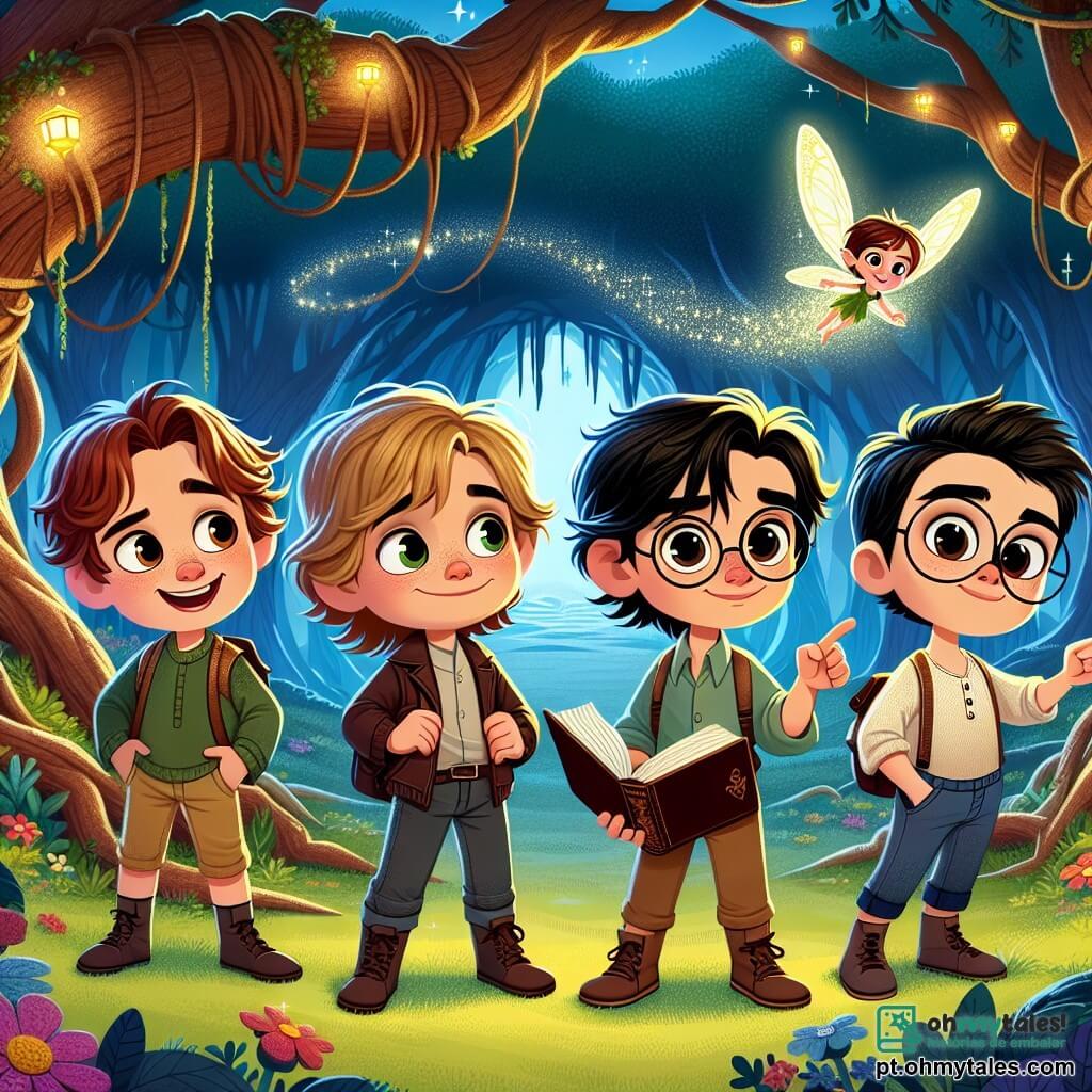 Em uma floresta encantada, quatro meninos se reúnem prontos para a aventura. Lucas, de 10 anos, admira uma pequena fada que voa à sua frente. À sua direita, Pedro, de 11 anos, aponta para uma caverna escura ao longe. Tiago, de 10 anos, com óculos redondos, segura um livro aberto, pensando em uma solução. Rafael, de 9 anos, faz uma careta engraçada para aliviar a tensão. O cenário é uma floresta mágica com árvores grandes, flores coloridas e uma névoa cintilante. Os meninos se preparam para enfrentar um mago travesso que roubou o Cristal da Alegria, essencial para trazer a magia de volta à sua cidade. Eles estão determinados a resolver enigmas e provar sua coragem para salvar seu mundo encantado.
