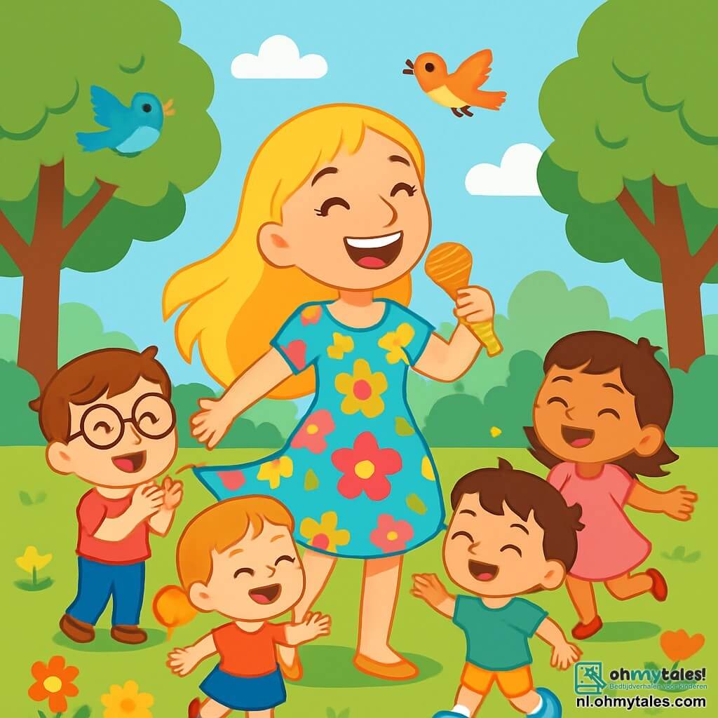 Sanne, een vrolijke vrouw met lang blond haar en een stralende glimlach, staat in het midden van het park met een gouden microfoon in haar hand. Ze draagt een kleurrijke bloemenjurk die danst in de wind, en haar ogen stralen van blijdschap terwijl ze zingt. Naast haar applaudisseert een 6-jarig jongetje met bruin haar en ronde bril, genaamd Max, enthousiast met rode wangen van vreugde. Een groep van drie kinderen, twee meisjes en een jongen van 5 tot 7 jaar, danst om haar heen, hun lach weerklinkt in de lucht. Het park is groen, vol majestueuze bomen, heldere bloemen en een helderblauwe lucht met pluizige witte wolken. Kleurrijke vogels vliegen rond, wat bijdraagt aan de vrolijke sfeer. Sanne, omringd door haar jonge vrienden, zingt een aanstekelijke melodie en nodigt alle kinderen uit om samen met haar de muziek en vriendschap in deze betoverende plek te vieren.