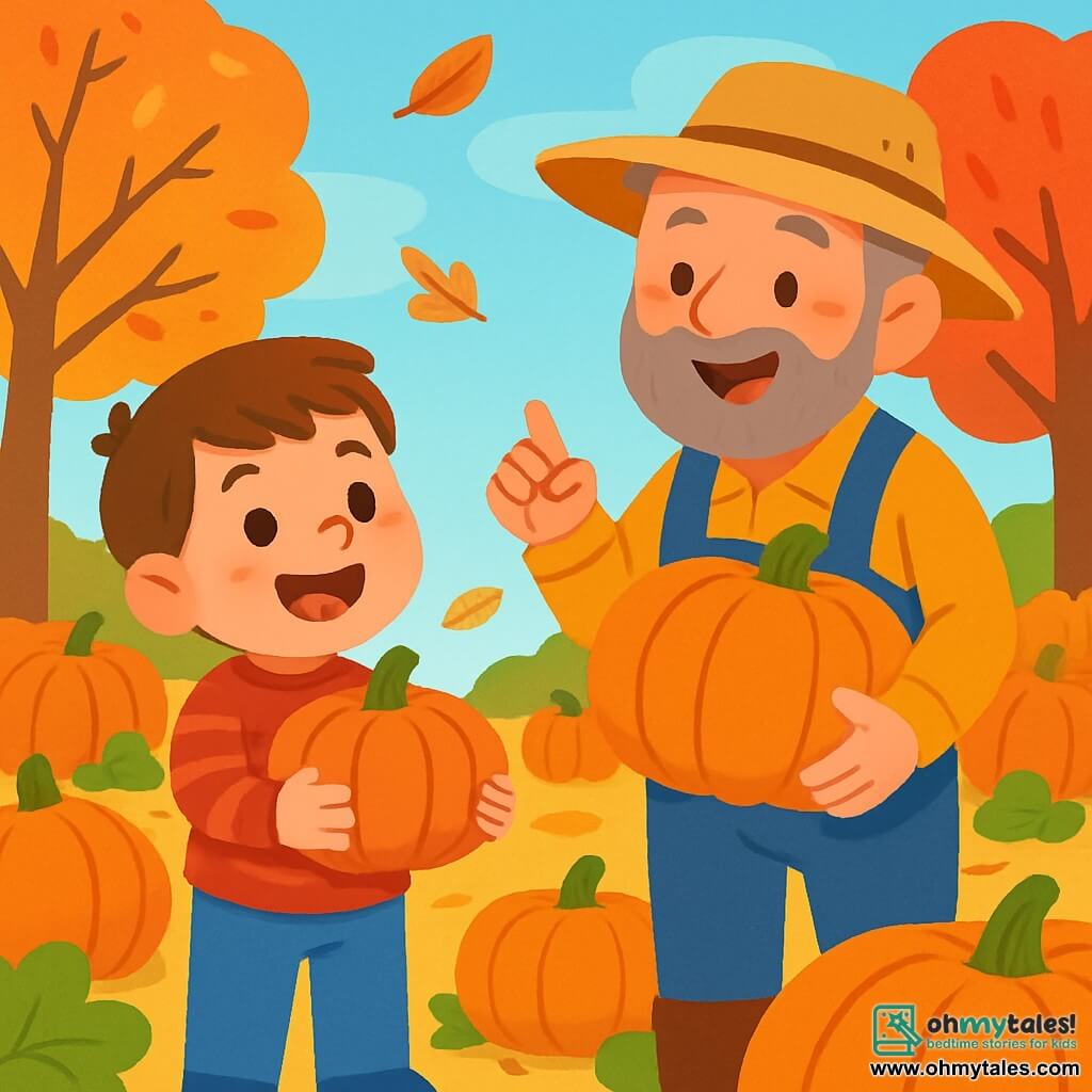 A 4-year-old boy with brown hair and sparkling eyes holds a small orange pumpkin in his arms, smiling with wonder. He wears a red striped sweater and jeans, standing in the middle of a pumpkin patch. Next to him is a 50-year-old man, Farmer Joe, with a gray beard and a straw hat, smiling while showing a large pumpkin he just picked. The field is filled with pumpkins of all sizes, surrounded by trees with golden and red leaves under a clear blue sky. The scene depicts the boy and Farmer Joe laughing and chatting joyfully as autumn leaves gently fall around them.