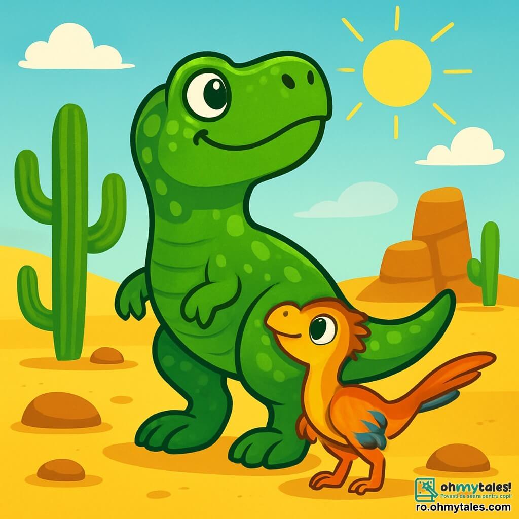Un Tyrannosaurus Rex numit Tiri, cu o piele verde strălucitoare și solzi lucioși, stă cu curaj în mijlocul unei vaste deșerturi aurii. Ochii săi mari și rotunzi exprimă o determinare veselă, în timp ce își ridică capul spre cer, pregătit să pornească în aventură. Lângă el, un mic velociraptor cu pene colorate, numit Riri, îl privește pe Tiri cu admirație, ochii săi strălucind de curiozitate. Deșertul este presărat cu cactuși uriași și stânci sculptate de vânt, sub un cer albastru strălucitor unde soarele strălucește intens. Tiri și Riri se pregătesc să pornească în căutarea aliatului legendar care ar putea salva lumea lor, plini de entuziasm și speranță.