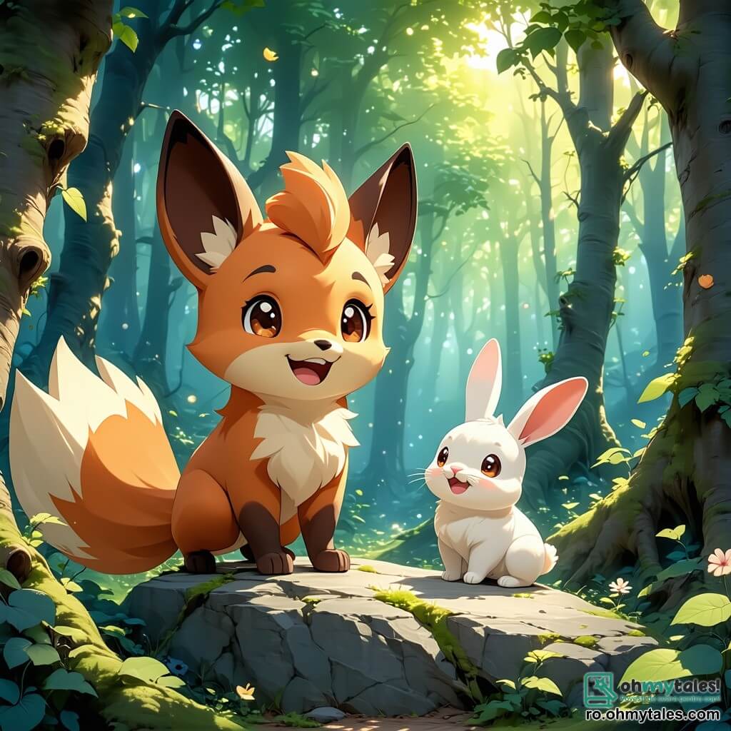Într-o pădure verde și însorită, un vulpix viclean numit Vasile, cu blană portocalie și ochi strălucitori de bucurie, zâmbește larg jucându-se cu prietenii săi. El sare vesel în jurul unei pietre mari, pregătit să numere pentru jocul de-a v-ați ascunselea. Aproape, un iepuraș alb numit Zăpăceala, cu urechi lungi și ochi curioși, îl privește pe Vasile cu un zâmbet amuzat, pregătindu-se să se ascundă în spatele unui tufiș înflorit. Nu departe, Toma, o broască țestoasă cu carapace verde și ochi blânzi, se ascunde încet în spatele unui copac, având un zâmbet ușor pe față. Decorul este plin de copaci majestuoși, flori colorate și raze de soare care filtrează printre frunze, creând o atmosferă veselă și primitoare. Scena principală îi arată pe Vasile, Zăpăceala și Toma jucându-se împreună, ilustrând toleranța și acceptarea diferențelor în această pădure magică.