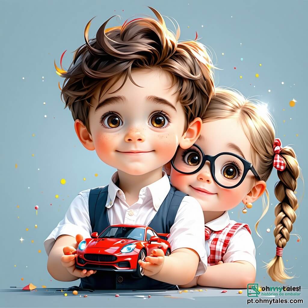 Um menino de 4 anos, Léo, com cabelos castanhos bagunçados e olhos brilhantes de curiosidade, está no centro da imagem, segurando um pequeno brinquedo em forma de carro vermelho nas mãos. Ele tem um sorriso largo e um olhar determinado, como se estivesse pronto para resolver um grande mistério. Ao seu lado, Mia, uma menina de 4 anos com cabelos loiros trançados e óculos redondos, observa ao redor com uma expressão concentrada. Ela usa um vestido colorido e segura uma lupa, pronta para examinar as pistas. Um pouco mais longe, Lucas, um menino de 4 anos com cabelos negros e sardas, aponta para uma roda de brinquedo encontrada na areia, exibindo uma expressão de empolgação. A cena ocorre em um parque escolar ensolarado, com árvores verdejantes, um escorregador colorido e uma caixa de areia cheia de brinquedos espalhados. Flores coloridas bordam o caminho, adicionando um toque alegre ao ambiente. Léo, Mia e Lucas estão em plena investigação, procurando pistas para encontrar o precioso carrinho vermelho de Léo, com elementos de brincadeira ao redor, como pás e baldes, enquanto exploram o parque com entusiasmo e curiosidade.