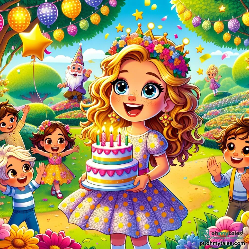 Uma menina de 8 anos, Clara, com cabelos cacheados e dourados que brilham ao sol, usa um vestido de bolinhas coloridas e exibe um grande sorriso de alegria. Ela está soprando as velas do seu bolo de aniversário, cercada por seus amigos. Ao lado dela, Sofia, uma menina de 8 anos com cabelos lisos e castanhos, usa uma coroa de flores e aplaude com entusiasmo, enquanto Lucas, um garoto de 8 anos com cabelos loiros e desgrenhados, segura um balão em forma de estrela e sorri amplamente, com os olhos brilhando de excitação. A cena acontece em um parque verdejante, cheio de flores vibrantes e árvores majestosas, com lanternas coloridas penduradas nos galhos, iluminando a clareira onde a festa ocorre. Clara, rodeada por seus amigos, celebra seu aniversário, pronta para fazer um pedido ao soprar as velas do seu bolo decorado com fadas e duendes, enquanto um pequeno gnome de jardim, Pipoca, os observa com um sorriso travesso, pronto para trazer um toque de magia a este dia especial.