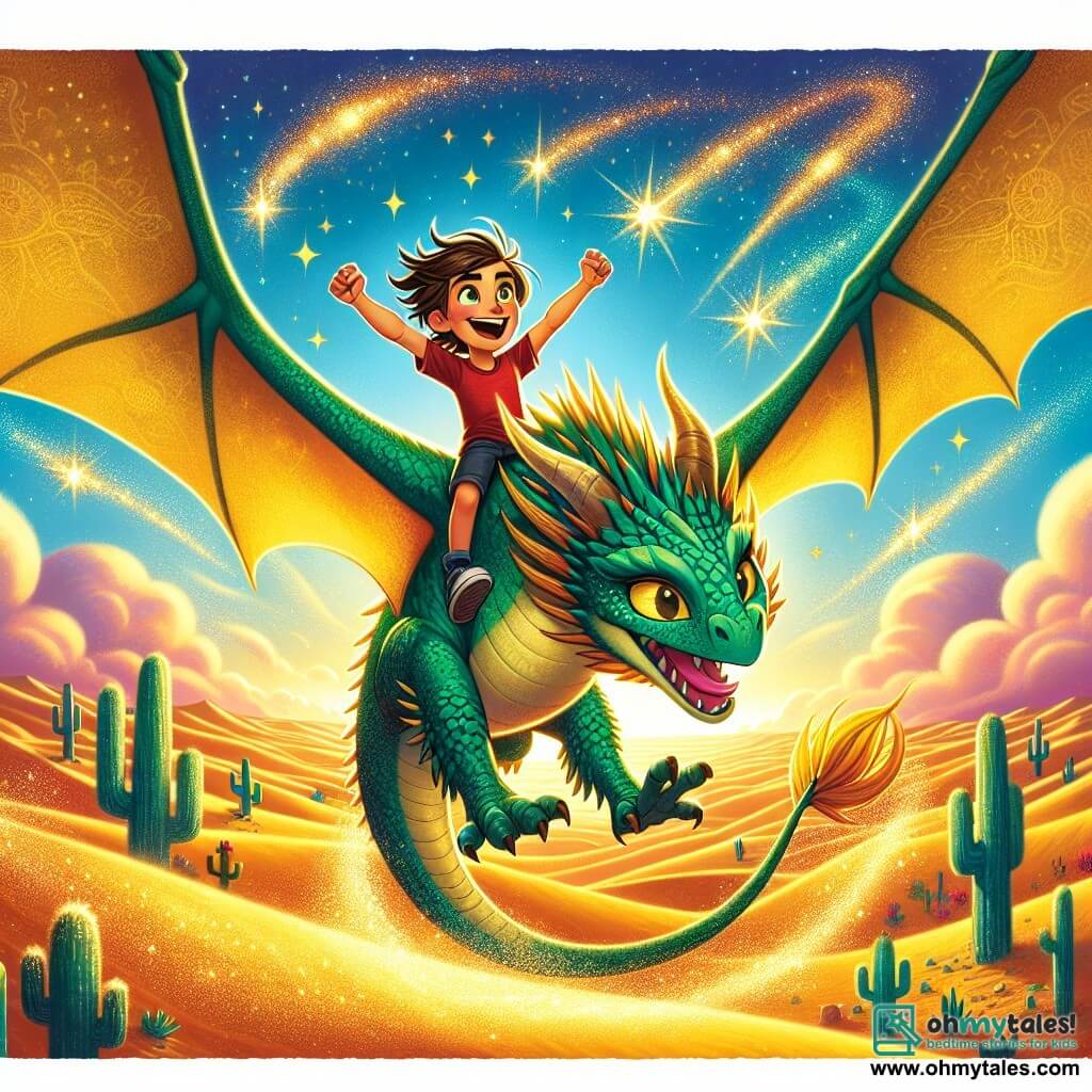 A majestic dragon named Ember, with shimmering emerald scales and sparkling golden eyes, flies in the sunny sky, her large wings spread wide, creating whirlwinds of golden dust around her. Beside her, an 8-year-old boy named Leo, with messy brown hair and wearing a red t-shirt and blue shorts, sits on Ember's back with his arms raised in joy, his face radiating excitement. Their adventure unfolds above a vast desert, where golden sand dunes stretch endlessly, dotted with sparkling oases and colorful cacti, while a fiery sunset paints the sky in shades of pink and orange. The scene captures the magical moment of Leo and Ember flying together, celebrating their rekindled friendship, with fluffy clouds floating around them and stars beginning to twinkle in the twilight sky.