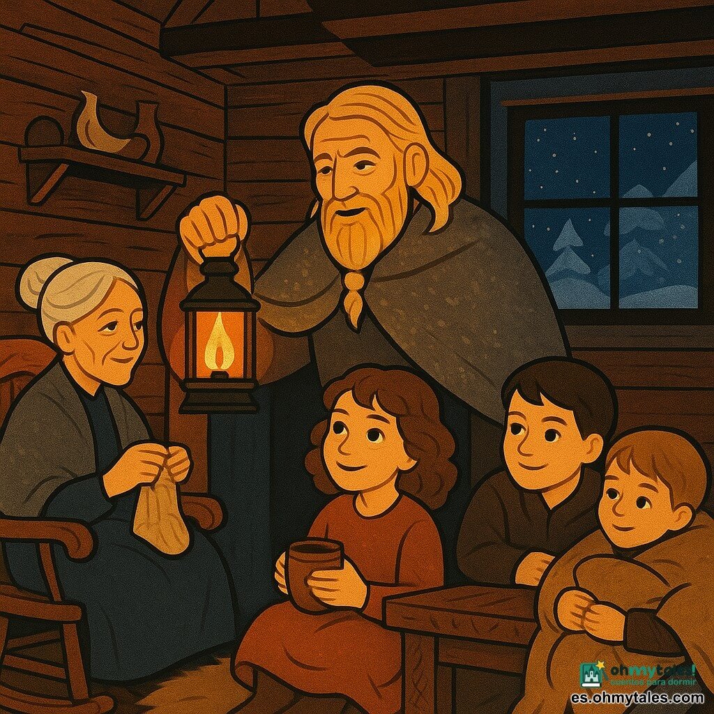Un hombre — Einar — de rostro arrugado pero amable, cabello rubio paja hasta los hombros, barba trenzada corta, envuelto en una capa de lana gris con nieve, sostiene una linterna de aceite que proyecta luz naranja cálida mientras sonríe y cuenta una historia a la familia; una niña — Freya, ~8 años — castaña y rizada, mejillas sonrojadas por el frío, sentada junto al fuego con una taza de madera, mira a Einar asombrada; una mujer mayor — la abuela, ~70 años — cabello blanco recogido, teje en mecedora de madera y observa con ternura; un niño mayor, ~10 años, apoyado en la mesa con media sonrisa; un niño menor, ~6 años, envuelto en una manta de piel, abraza un cojín junto a Freya. Interior de casa nórdica de madera con paredes de tablones, vigas oscuras, pieles en el suelo, mesa rústica con motivos rúnicos, estantería con objetos de bronce y cuernos, ventana helada que muestra la nieve; la luz cálida del hogar y el resplandor dorado de la linterna contrastan con el azul frío de la noche, creando una escena íntima y acogedora que simboliza el regreso de las historias y la calidez humana en un invierno vikingo.