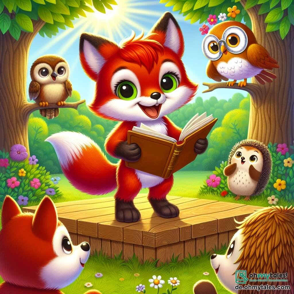 Ein kleiner, leuchtend roter Fuchs mit großen, neugierigen Augen und einem fröhlichen Lächeln steht auf einer Holzbühne und hält ein offenes Buch in seinen Pfoten. Er wirkt begeistert und stolz, bereit, seinen Freunden eine Geschichte zu erzählen. Neben ihm sitzt eine kleine Eule mit weißen und braunen Federn und runden Brillen auf der Nase, die bewundernd zuschaut, ihre Augen leuchten vor Aufregung. Sie sitzt auf einem Ast und ist bereit zu applaudieren. Ein Igel mit weichen Stacheln und einem schüchternen Gesicht, der einen kleinen Papierhut trägt, sitzt nervös, aber lächelnd auf dem Boden und beobachtet stolz seinen Freund. Die Szene findet auf einer sonnigen Lichtung statt, umgeben von majestätischen Bäumen mit lebhaft grünen Blättern und bunten Blumen, die im Wind tanzen. Sonnenstrahlen filtern durch die Äste und schaffen eine magische, warme Atmosphäre. Der kleine Fuchs steht kurz davor, seine Präsentation bei einem Erzählwettbewerb zu beginnen, während die anderen Tiere im Wald gespannt darauf warten, seine Geschichte zu hören.