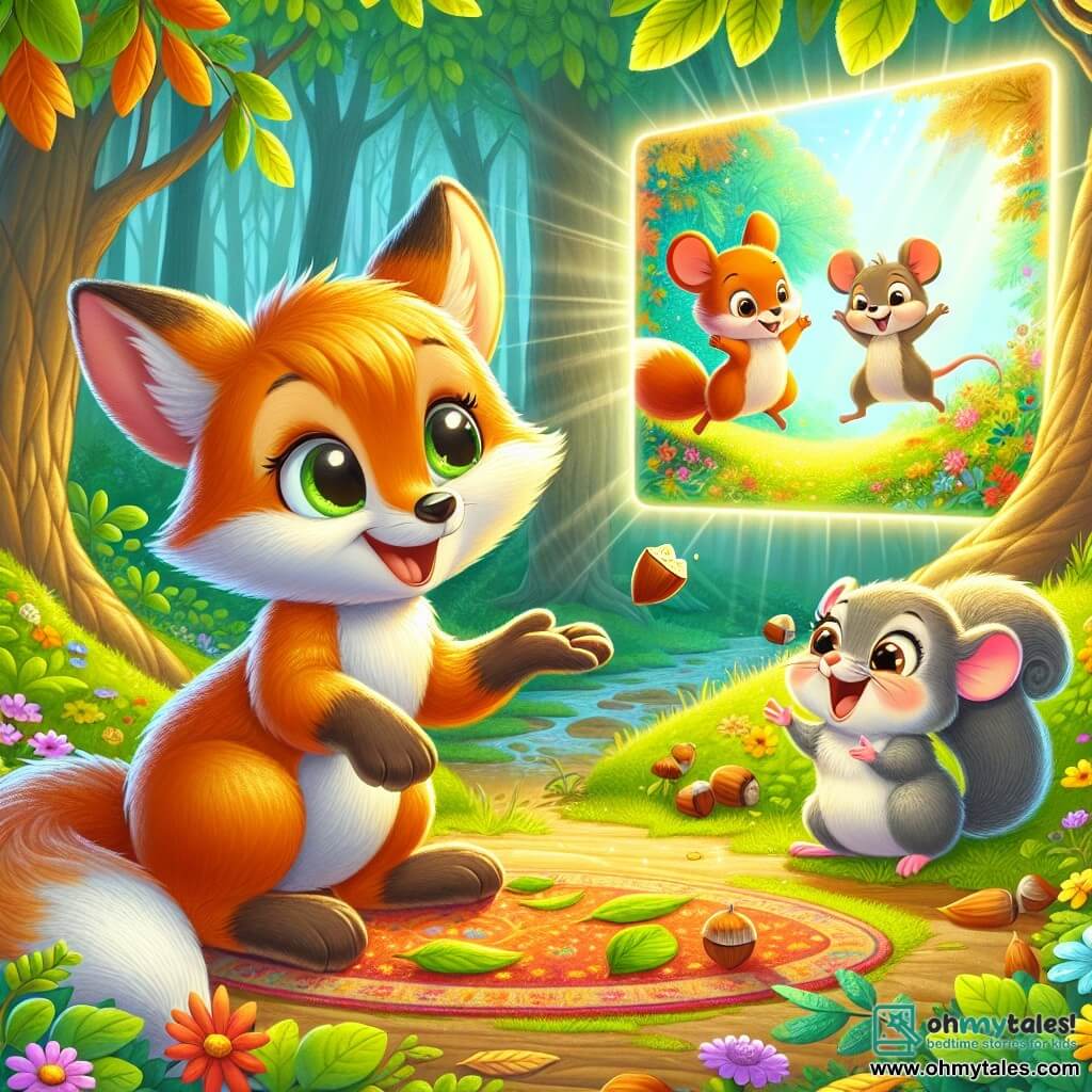 An illustration depicts a small orange fox with shiny fur and curious sparkling eyes, sitting on a colorful carpet of leaves, joyfully smiling while watching a bright screen displaying images of its adventures in the forest. Next to it, a small gray mouse with big ears and round cheeks jumps with excitement, holding a small piece of cheese and eager to share its own stories. A charming little squirrel, with a bushy tail and mischievous eyes, juggles acorns nearby, laughing heartily and adding cheer to the scene. The main setting is an enchanted clearing surrounded by majestic trees with emerald green leaves, where colorful flowers dance in the wind. The ground is covered with wildflowers and golden leaves, while a gentle ray of sunlight filters through the branches, illuminating the scene with warm light. The main situation shows the characters gathered around a sparkling screen, sharing their adventures and laughing together, illustrating the joy of friendship and the balance between the digital world and nature. Other graphical elements include colorful butterflies fluttering around them, birds singing in the trees, and small details like berries and acorns scattered on the ground, creating a joyful and welcoming atmosphere.