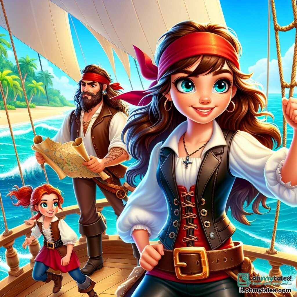 In primo piano, Isabella, una giovane pirata di circa 20 anni, si erge con orgoglio sul ponte della sua nave, la Stella des Mari. Ha lunghi capelli castani ondulati, una fascia rossa in testa e un sorriso determinato sul volto. Indossa una camicia bianca, un gilet di pelle e pantaloni neri, tenendo una mappa del tesoro in una mano e puntando verso l'orizzonte con l'altra, piena di eccitazione. Accanto a lei, Rocco, un uomo robusto di circa 30 anni con una folta barba e tatuaggi marini sulle braccia, sistema le vele con aria concentrata. Più lontano, Tessa, una ragazza di 18 anni con capelli rossi, si piega sul bordo della nave, osservando le onde con curiosità e un sorriso malizioso. Lo scenario è un oceano blu brillante, con onde scintillanti sotto un cielo soleggiato punteggiato di nuvole bianche. Sullo sfondo si intravede un'isola tropicale verde con palme e una spiaggia di sabbia dorata. La scena principale mostra Isabella e il suo equipaggio in piena avventura, pronti a navigare verso un'isola misteriosa, determinati a trovare il leggendario Cuore di Oceano, con un'atmosfera di camaraderie e eccitazione nell'aria.