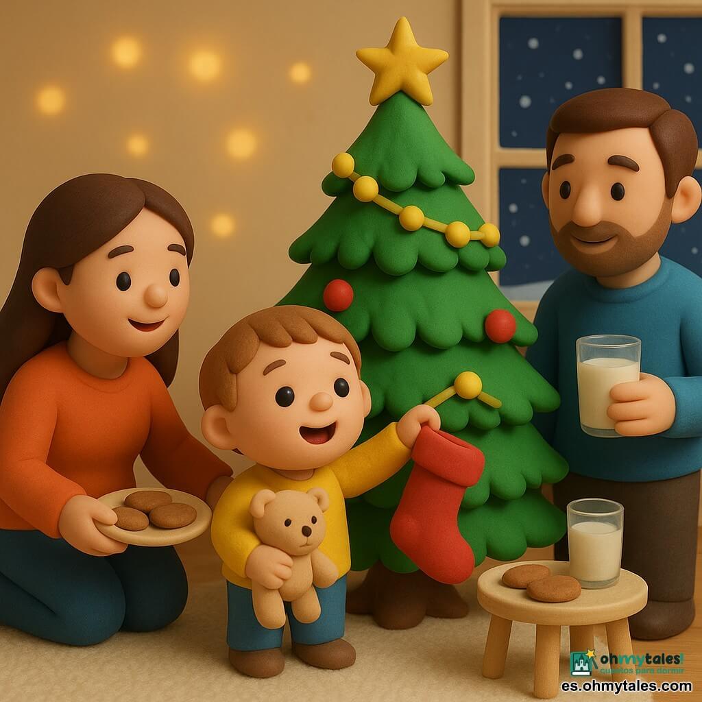 Un niño de 2 años, rostro redondo, pelo corto castaño claro, ojos grandes y brillantes, expresión maravillada y alegre, sostiene un osito de peluche beige y cuelga una gran media roja al pie del árbol; una mujer (madre, ~30 años), pelo largo castaño y sonrisa dulce, agachada detrás del niño ofrece un plato de galletas a la izquierda del árbol; un hombre (padre, ~35 años), barba ligera y pelo castaño, mirada cálida, sostiene un vaso de leche y observa desde la derecha junto a una ventana; salón acogedor con un gran árbol verde decorado con luces amarillas, bolas rojas brillantes y una estrella dorada en la cima, ventana con noche nevada, suelo de madera clara y alfombra marfil; escena principal de Nochebuena tranquila con luces suaves que proyectan reflejos redondos en la pared, la media roja colgada, galletas y leche en una mesa pequeña, ambiente pacífico y mágico.