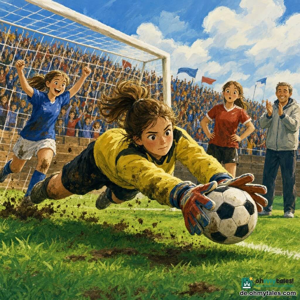 Eine Torhüterin zeigt ein konzentriertes, mutiges Gesicht, Augen groß und entschlossen, Pferdeschwanz, sie taucht seitlich, um einen schwarz-weißen Ball zu halten, ihre bunten Handschuhe sind schmutzig; eine Mitspielerin (ca. 18) läuft hinter ihr, ermutigendes Lächeln, blaues Trikot mit Grasflecken, jubelnde Arme links vom Tor; eine Gegenspielerin (ca. 17) steht ein paar Schritte entfernt, erstaunt, Hände in der Hüfte, rotes zerknittertes Trikot; ein Trainer (ca. 45) an der Seitenlinie klatscht, faltiges freundliches Gesicht, leichte Jacke; das Stadion ist gefüllt mit kleinen farbigen Fans und wehenden Bannern, Holzbänke, blauer Himmel mit ein paar Wolken und warmen Sonnenstrahlen; grüner Rasen mit Schlamm- und Grasflecken und sichtbaren Gouache-Texturen; die Szene zeigt den dramatischen Moment des gehaltenen Elfmeters: eingefrorene Bewegung, aufgewirbelter Dreck, Überraschung und Jubel, kollektiver Triumph.
