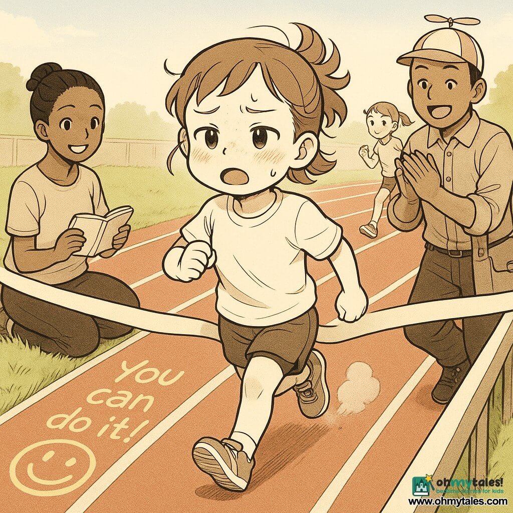 A 6-year-old girl with a round face, light freckles and a bouncing brown ponytail, breathless but proud with flushed cheeks and a determined look, has just crossed a white finish line on a bright red textured running track, hands slightly raised and red dust kicking up under her feet; a smiling man (father, ~35) with short hair and a funny propeller hat applauds near a barrier to the right holding a bag, a gentle-faced woman (mother, ~33) with hair in a bun sits on the grass to the left smiling and holding an open notebook, another girl (~7) with a ponytail runs just behind on the inner lane looking focused, green trimmed grass surrounds the track, pale blue sky with a light breeze, and a chalk drawing at the track edge shows a big yellow smiley with "You can do it!", warm golden morning light and a tender, joyful atmosphere.