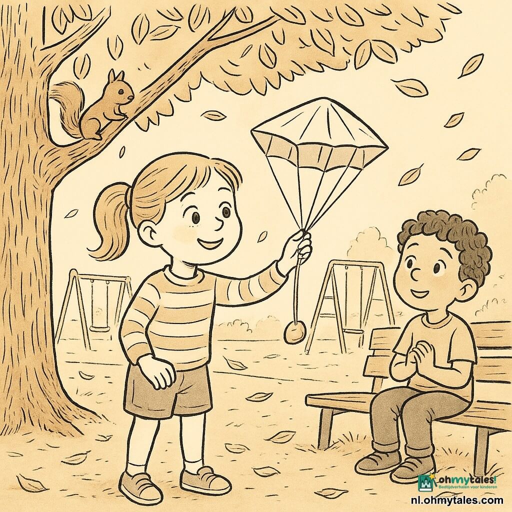 Meisje van ongeveer 8 jaar, lichtbruin haar in staartjes, rond glimlachend gezicht, grote oplettende ogen, gestreepte trui en short, laat een papieren parachuutje met een steentje zachtjes vallen vanaf een hoog punt op de speelplaats; secundair personage: een jongen van ongeveer 7 jaar met krullend haar, zittend op een bankje rechts achter haar, handen samengevouwen en verwonderd kijkend; niet‑menselijk secundair personage: een eekhoorn op een lage tak van een grote kastanjeboom die nieuwsgierig toekijkt; locatie: kleine stedelijke speelplaats met houtsnippers op de grond, schommels en een metalen klimrek op de achtergrond, vallende blaadjes en zacht namiddaglicht; hoofdactie: het meisje test een eenvoudig zelfgemaakt parachuutje dat langzaam naar beneden zweeft, met zichtbare papierplooien, knopen van de touwtjes en een geconcentreerde, blije uitdrukking.
