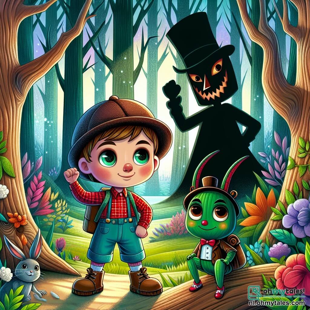 In het midden van de afbeelding staat Pinocchio, een houten jongetje met een glimlachend gezicht en sprankelende ogen, moedig voor de donkere schaduw van een kwade totem. Zijn neus is iets verlengd, wat getuigt van zijn kleine streken in het verleden, en hij draagt een rood geruite shirt en blauwe broek. Hij heft een vastberaden hand op, klaar om de natuur te verdedigen. Aan zijn rechterkant kijkt Jiminy, een kleine groene krekel met een hoge hoed en een vest, bewonderend naar Pinocchio, zijn ronde ogen stralend van aanmoediging. Hij zit op een tak, klaar om advies te geven. Op de achtergrond speelt de scène zich af in een betoverd bos, waar majestueuze bomen met dikke stammen en glanzende bladeren geheimen lijken te fluisteren. Kleurrijke bloemen en nieuwsgierige dieren, zoals een eekhoorn en een konijn, voegen leven toe aan de magische omgeving. De belangrijkste situatie toont Pinocchio en Jiminy tegenover een donkere totem, die het kwaad vertegenwoordigt, terwijl ze hun krachten bundelen om het bos te beschermen. Het zonlicht valt door de bladeren en creëert een contrast tussen de duisternis van de totem en de warmte van de vriendschap die van de twee helden uitstraalt.