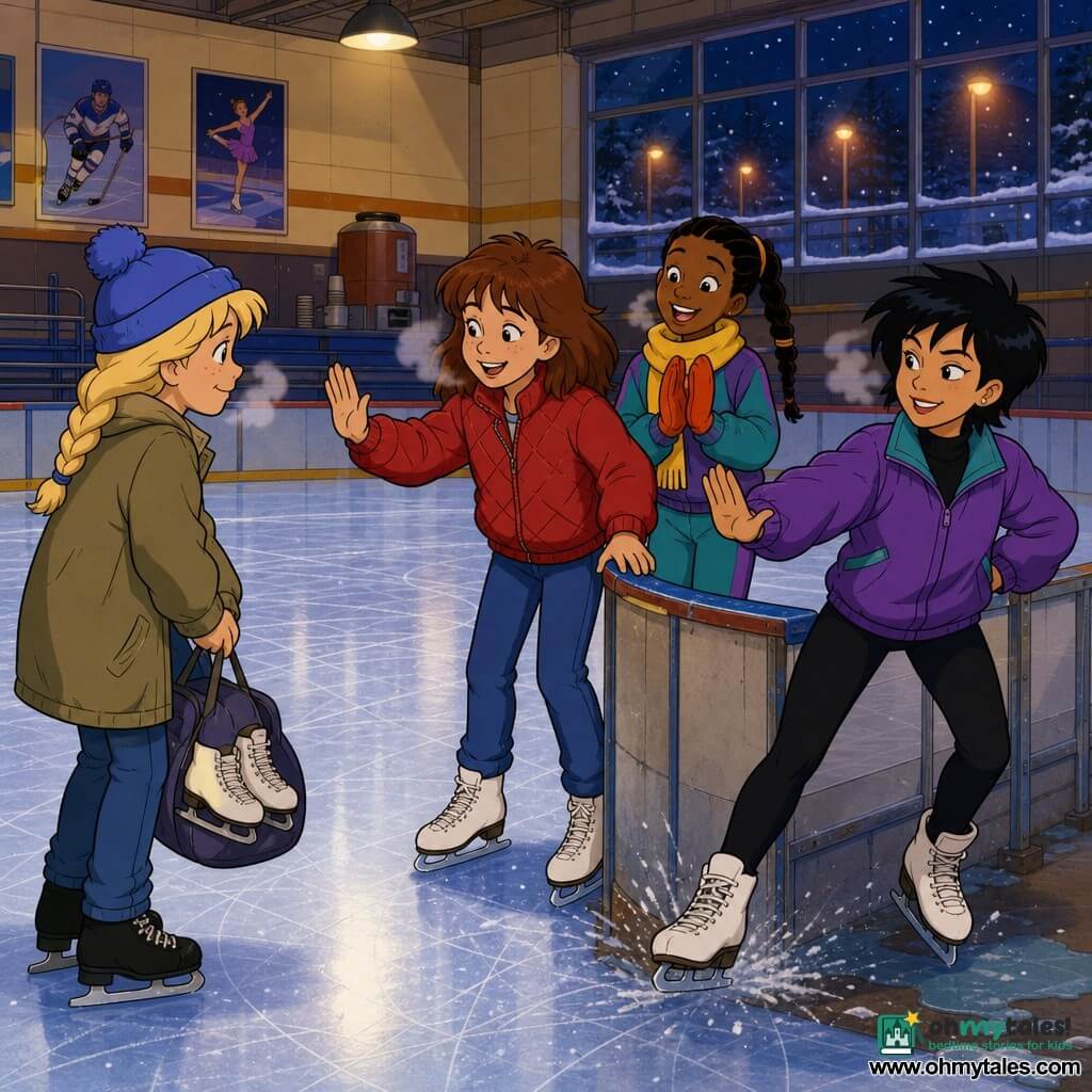 There are four girls: Maya, 12, mid-brown hair, round freckled face, red quilted jacket and white skates; she is center, leaning forward, one hand on the railing, the other raised apologetically. Sophie, 12, blonde braid, blue pompom hat, khaki coat and black skates, stands left of Maya a few meters away, looking contrite and holding a skate bag. Aisha, 11–12, dark-skinned with braids, yellow scarf and orange gloves in sportswear, stands just behind Maya, smiling and applauding. Lina, 13, short black hair, purple windbreaker, confident posture, stands right and slightly forward demonstrating a stopping position. The setting is an indoor ice rink lit by warm halogen lights with glossy ice marked by fine white scratches, plexiglass boards, frosty metal benches, high windows showing a snowy night and orange streetlights, posters on the walls and a hot chocolate dispenser in the background. Main situation: a reconciliation on the ice—Maya apologizes, Sophie accepts and looks relieved, friends surround them supportively; visible winter details include breath vapor, ice crystals from the blades and small frozen puddles near the edges.