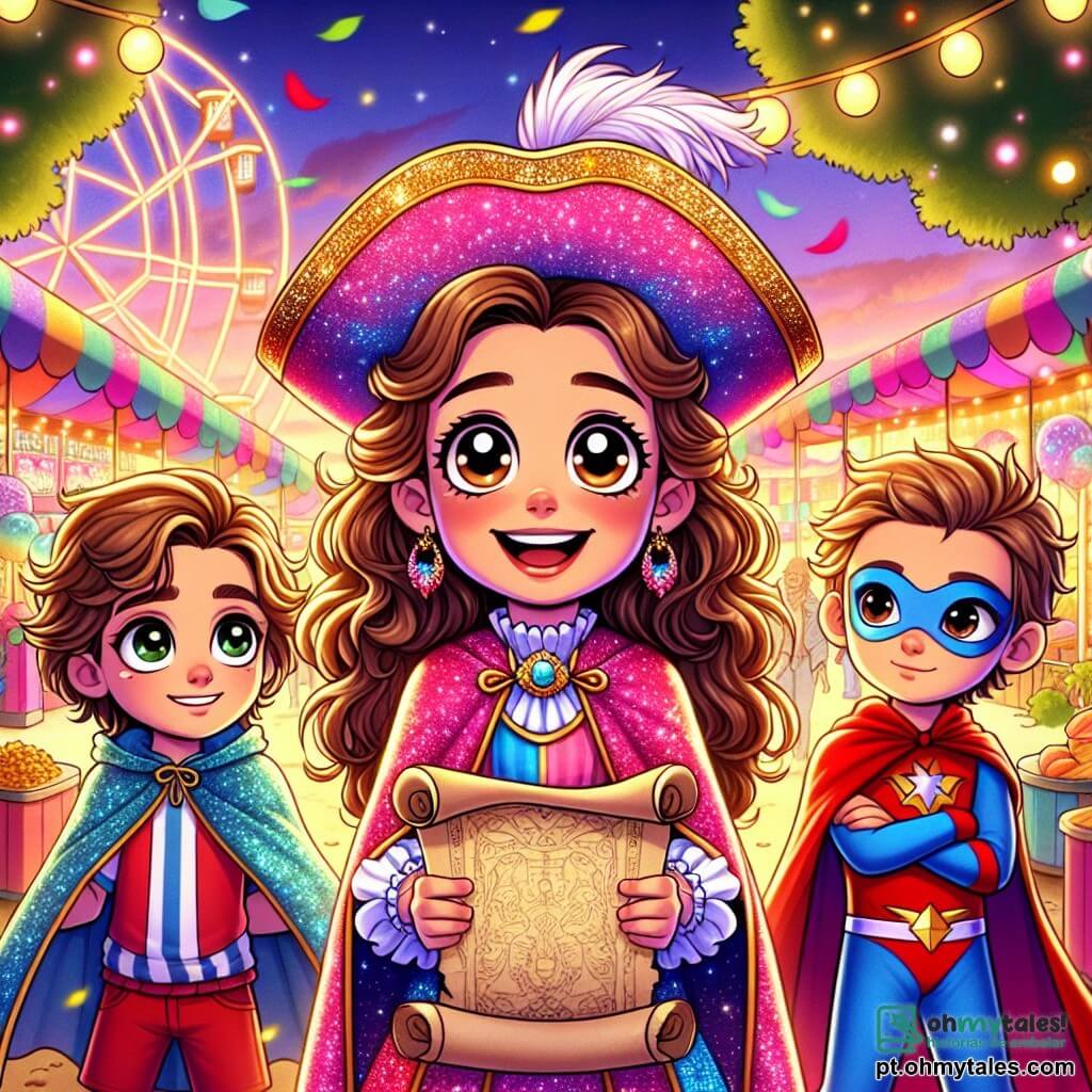 Uma menina de 12 anos, chamada Margarida, está no centro da imagem, com grandes olhos curiosos e cabelos castanhos cacheados, vestindo um lindo traje de pirata decorado com cores vibrantes e brilhos. Ela exibe um sorriso maravilhado, segurando um velho pergaminho nas mãos, pronta para descobrir um tesouro escondido. À sua direita, um menino de 11 anos, João, está vestido com um traje de super-herói azul e vermelho, com uma capa esvoaçante, olhando para o pergaminho com excitação. À sua esquerda, Clara, uma menina de 10 anos, usa um traje de super-heroína rosa com uma máscara brilhante, com os braços cruzados, mostrando um ar determinado enquanto observa atentamente a paisagem ao redor. O cenário é um parque de carnaval vibrante, cheio de cores brilhantes: árvores decoradas com luzes, barracas de guloseimas em tons pastéis e uma roda-gigante brilhando sob o sol poente, criando uma atmosfera festiva e mágica. A situação principal mostra Margarida, João e Clara em plena aventura, examinando o misterioso pergaminho que parece guiá-los em direção a um tesouro escondido, cercados por risos de crianças e confetes flutuando no ar, ilustrando a felicidade e a excitação do carnaval.
