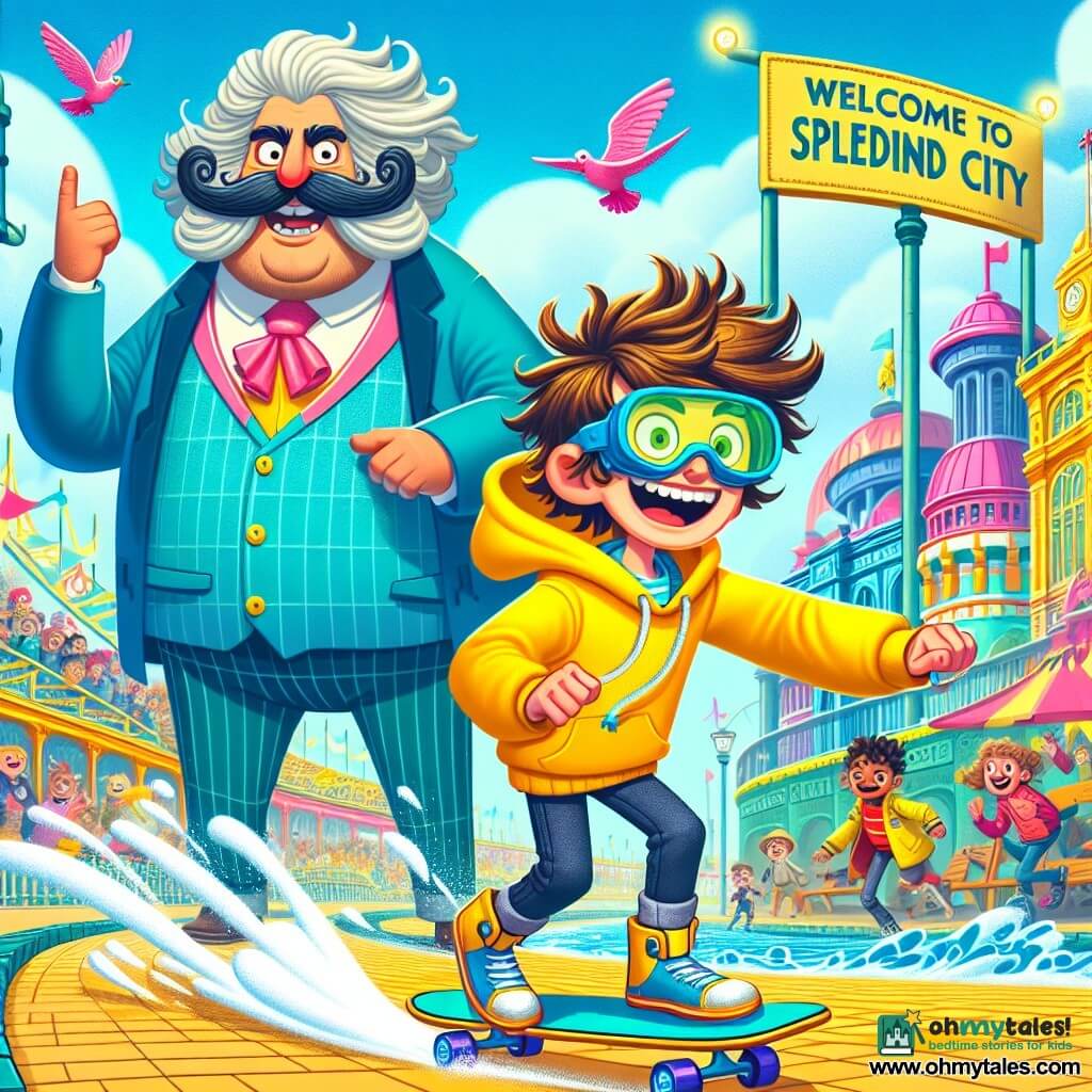 Benny Bumbles, a twelve-year-old boy with messy hair and a mischievous smile, wears a bright yellow hoodie and safety goggles. He is skating determinedly and playfully, following a trail of whipped cream. Next to him, Mayor Mustache, a man in his fifties with a curled mustache and a blue suit, waves his arms with a worried expression, standing near a sparkling fountain and looking at Benny hopefully. The scene takes place in a colorful city with bright buildings, pink pigeons flying in the sky, and a large sign reading "Welcome to Splendid City." Children are laughing and playing in the background, while a giant rubber duck floats in the harbor. The main focus shows Benny in action, ready to solve the mystery of the stolen cream, with an atmosphere of joy and lightness.