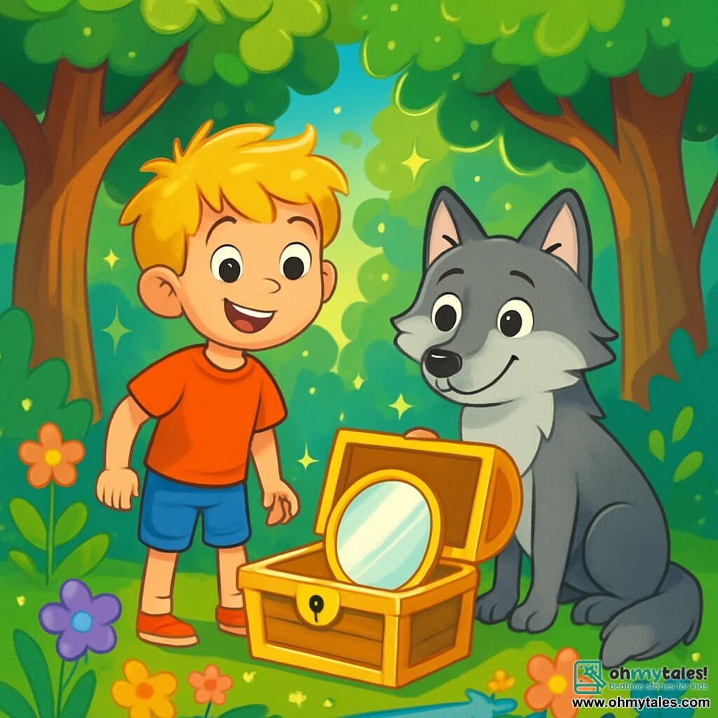 An 8-year-old boy with messy blonde hair and sparkling curious eyes stands in the middle of an enchanted forest. He wears a bright red t-shirt and denim shorts, with a face expressing excitement and determination. Beside him is a large gray wolf with soft fur and bright eyes, looking at the boy with admiration. The scene takes place in a magical forest, where majestic trees with thick trunks rise towards the sky, their leaves shimmering like emeralds in the sun. Colorful flowers dance around them, and a crystal-clear stream flows gently nearby, adding a touch of magic to the atmosphere. The boy and the wolf stand in front of an open golden treasure chest, revealing a shiny mirror that reflects their smiles. They are celebrating their budding friendship, surrounded by a soft, warm light illuminating the scene.