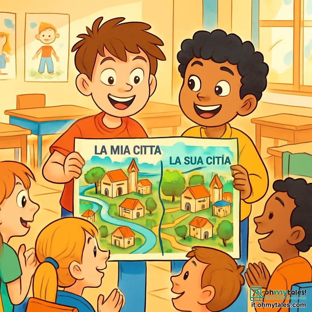 Un ragazzo di 10 anni, Mattia, con capelli castani arruffati e occhi brillanti di curiosità, si trova al centro della scena, sorridendo ampiamente, mentre tiene in mano una grande mappa colorata con disegni della sua città e di quella del suo amico. Accanto a lui, Amir, un ragazzo di 10 anni con capelli neri e ricci, guarda la mappa con meraviglia, gli occhi pieni di gioia ed eccitazione. Sullo sfondo, la classe è decorata con disegni di bambini appesi alle pareti, con tavoli di legno e sedie colorate. La luce del sole filtra attraverso le finestre, illuminando la stanza con un calore dolce e accogliente. La scena principale mostra Mattia e Amir che presentano il loro progetto ai compagni di classe, circondati da altri bambini seduti su sedie, che ascoltano attentamente e applaudono con entusiasmo. L'atmosfera è gioiosa e vivace, piena di colori vivaci e sorrisi.