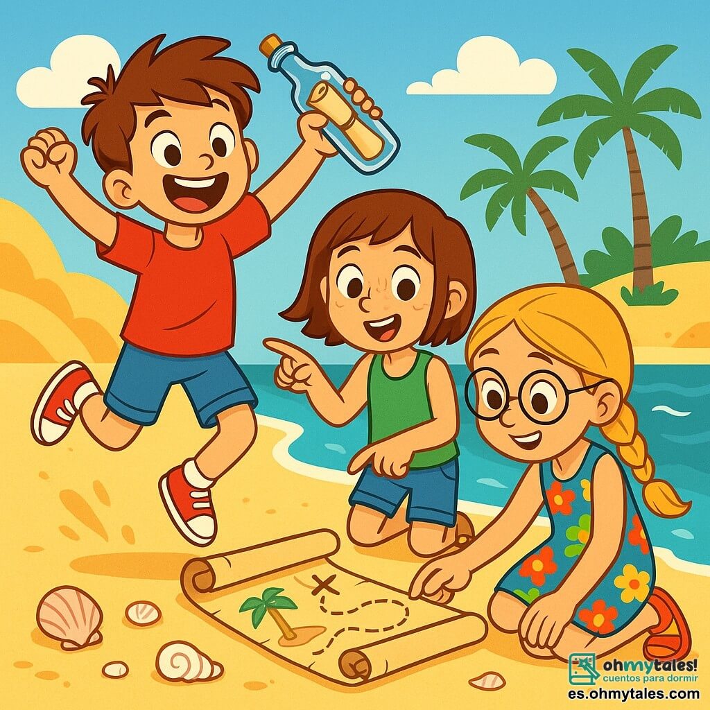 Hay 3 personajes: - Lucas: Un niño de 10 años, con el cabello castaño desordenado y ojos brillantes. Lleva una camiseta roja y un pantalón corto azul. Está saltando de alegría, sosteniendo una botella con un viejo pergamino dentro. - Marina: Una niña de 10 años, con largo cabello rubio trenzado y gafas redondas. Lleva un vestido de flores coloridas y está agachada, examinando el pergamino con una sonrisa curiosa. - Carla: Una niña de 10 años, con cabello castaño corto y pecas. Lleva una camiseta verde y un pantalón corto de mezclilla. Está de pie junto a Lucas, señalando el pergamino con una mirada asombrada. Los tres amigos están en una playa soleada, rodeados de dunas de arena dorada y olas turquesas que rompen suavemente en la orilla. Al fondo, las palmeras bailan con la brisa ligera y el cielo es de un azul brillante, salpicado de algunas nubes blancas esponjosas. La situación principal muestra a los niños descubriendo un viejo pergamino en una botella, con expresiones de sorpresa y emoción en sus rostros. Están planeando su próxima aventura, rodeados de conchas y tesoros de la playa, listos para seguir el misterioso camino del tesoro.