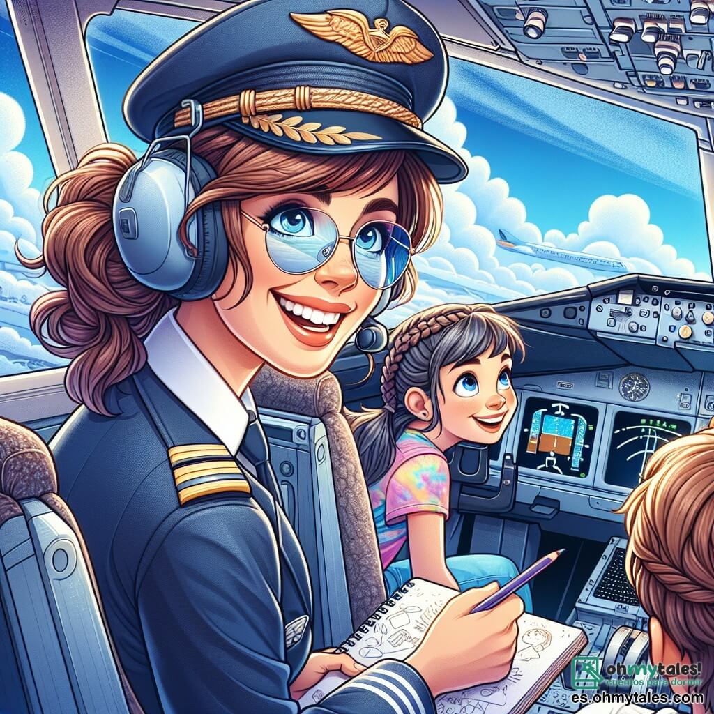 Una piloto mujer, Laura, se encuentra en la cabina de un avión, su rostro radiante de alegría y determinación. Lleva un traje de piloto azul marino, una gorra con un emblema dorado y gafas de sol que reflejan el cielo azul. Sus cabellos castaños están recogidos en una coleta ordenada, y sonríe mientras observa a los niños a través de la ventana de la cabina. Junto a ella, un niño de 10 años, Miguel, con cabello castaño revuelto y gafas, está sentado en su asiento, con los ojos abiertos de asombro. Sostiene un pequeño cuaderno de bocetos en sus manos, listo para dibujar lo que ve. Detrás de ellos, una niña de 9 años, Sofía, con trenzas y una camiseta colorida, mira por la ventana con una gran sonrisa, fascinada por las nubes que parecen algodón de azúcar. La escena se desarrolla en la cabina de un avión moderno, con instrumentos de vuelo brillantes y pantallas luminosas que muestran información de vuelo. Fuera, un cielo azul brillante está salpicado de nubes blancas esponjosas, y se ve el suelo alejándose a medida que ganan altitud. Laura pilota el avión con confianza, mientras los niños, maravillados, descubren la magia de volar, creando una atmósfera de aventura y sueños.