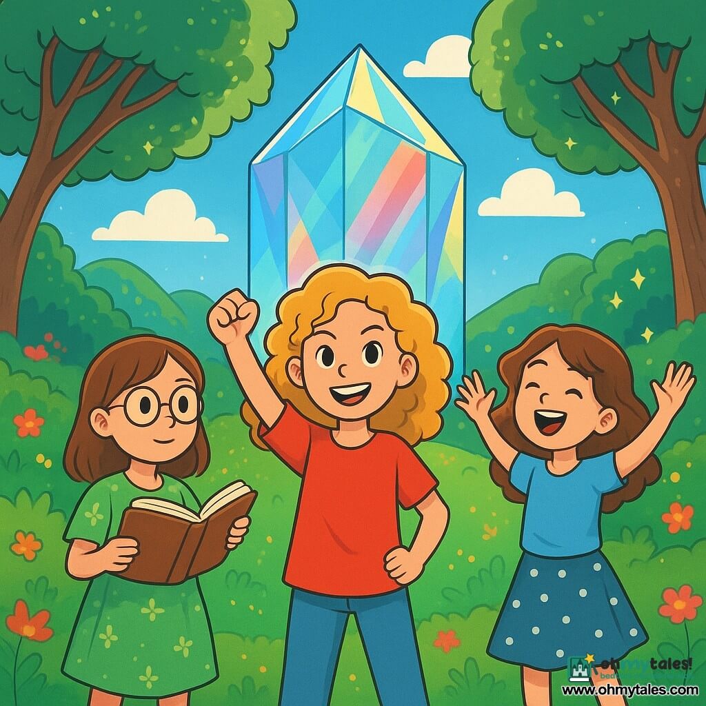 There are 3 characters: - Lila: a brave 9-year-old girl with curly golden hair, wearing a bright red tunic and denim pants. She stands in the center, fist raised, displaying a determined smile. - Maisie: a wise 9-year-old girl with smooth brown hair, wearing round glasses and a green floral dress. She is slightly back, holding an open book, looking focused. - Penny: a dreamy 9-year-old girl with wavy brown hair, wearing a blue t-shirt and a polka dot skirt. She is on the right, arms raised, joyfully singing, surrounded by small sparkling stars. The setting takes place on the Isle of Echoes, an enchanting landscape filled with green hills and colorful flowers. Majestic trees with shimmering leaves surround a clearing where a large crystal structure, the Echo Chamber, reflects rainbow lights. The sky is bright blue, dotted with fluffy clouds. The main scene shows the three girls standing together, ready to enter the Echo Chamber, their faces lit up with excitement and determination. The echoes of their voices blend with the gentle melody of nature, creating a magical and adventurous atmosphere.