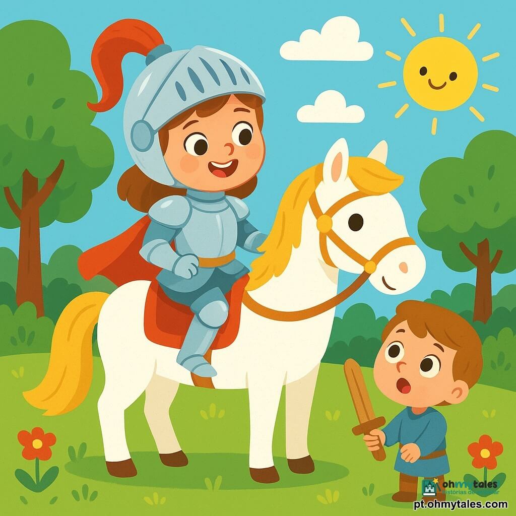 Uma corajosa cavaleira, Luna, se mantém orgulhosamente em seu cavalo branco, Estrela, com uma armadura brilhante que brilha sob o sol. Seu rosto expressa determinação e alegria, com olhos cintilantes e um grande sorriso. Ao seu lado, um jovem garoto de 8 anos, um escudeiro chamado Leo, admira Luna com olhos arregalados, segurando uma espada de madeira, pronto para ajudá-la. Eles estão em uma clareira verdejante, cercada por árvores majestosas e flores coloridas, com um céu azul salpicado de nuvens brancas. A cena principal mostra Luna e Leo se preparando para partir em uma aventura, ouvindo um chamado de ajuda vindo de uma floresta misteriosa, com seus corações batendo de excitação.