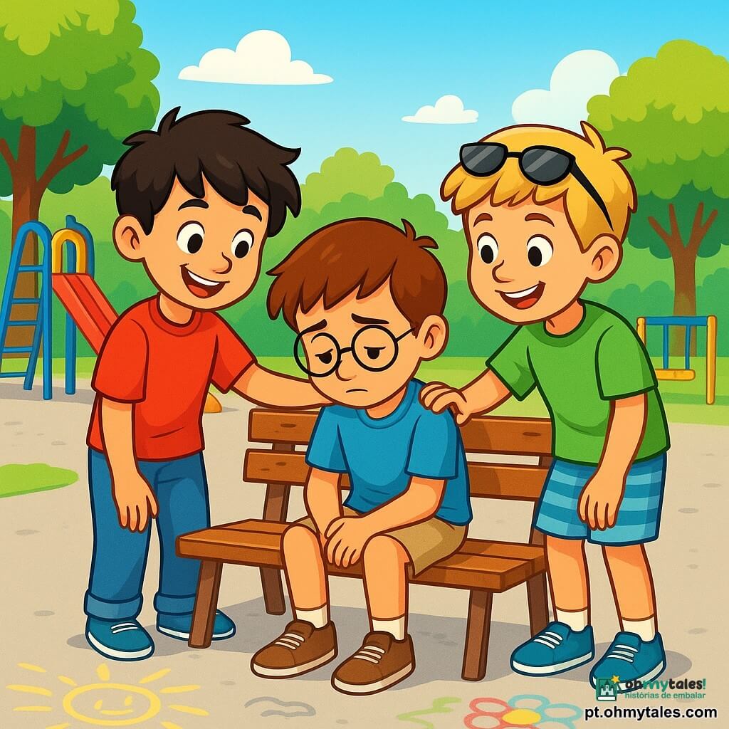 Há 3 personagens: - Lucas: um menino de 9 anos, com cabelos castanhos e óculos redondos. Ele usa uma camiseta azul e um short bege. Está sentado em um banco, parecendo um pouco triste, olhando para os pés. - João: um menino de 9 anos, com cabelos negros bagunçados e um sorriso radiante. Ele usa uma camiseta vermelha e jeans. Está de pé ao lado de Lucas, colocando uma mão reconfortante em seu ombro. - Miguel: um menino de 9 anos, com cabelos loiros e óculos de sol na testa. Ele usa uma camiseta verde e um short listrado. Está um pouco à frente, sorrindo e estendendo a mão para Lucas, convidando-o a brincar. O local é um pátio de escola ensolarado, com árvores verdes ao fundo e brinquedos coloridos como balanços e um escorregador. O chão é de concreto, e desenhos de giz decoram o solo, acrescentando um toque alegre ao ambiente. A situação principal mostra Lucas sentado no banco, parecendo triste, enquanto João e Miguel se aproximam dele com expressões amigáveis. Eles oferecem seu apoio, prontos para convidá-lo a brincar e ajudá-lo a se sentir melhor.