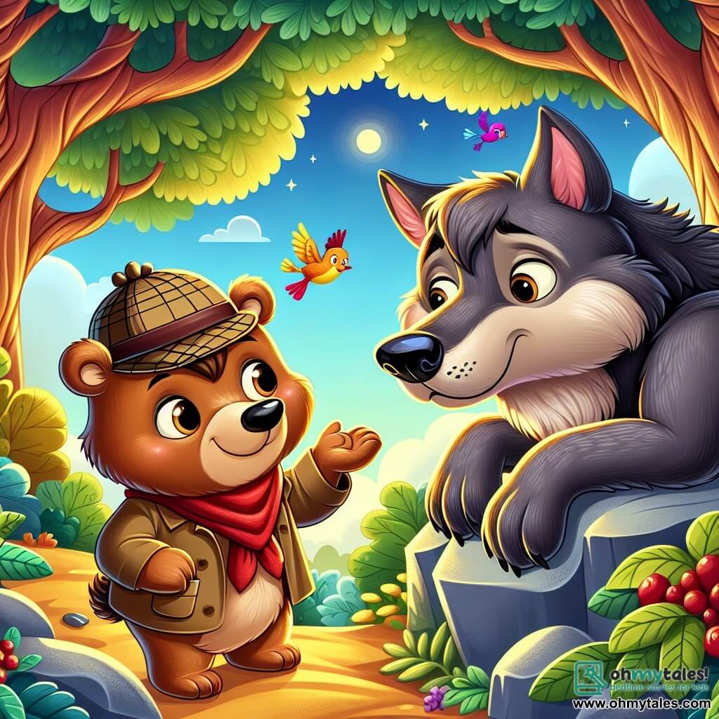 In an enchanted forest, a detective bear named Benny, with soft brown fur and a small detective hat, looks at the big bad wolf with curiosity and compassion. The wolf, with gray fur and bright eyes, appears sad and lost, sitting on a rock, while Benny approaches him with a friendly smile. Surrounding them, majestic trees with vibrant green leaves create a golden light, while colorful birds fly in the blue sky, singing joyful melodies. The scene depicts Benny reaching out to the wolf, ready to help him find his way, illustrating a moment of unexpected understanding and friendship in the heart of the forest.