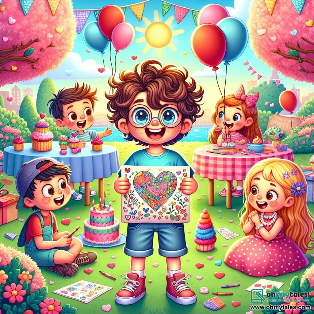 Max, a 12-year-old boy with curly, tousled hair and sparkling eyes, stands at the center of the scene with a big smile, holding a colorful map. He wears a bright blue t-shirt and denim shorts, overflowing with energy and excitement. Next to him, Lily, an 11-year-old girl with long brown hair and round glasses, gazes at the map in wonder, dressed in a pink polka dot dress and a pearl necklace, her eyes shining with joy and anticipation. In the background, Jake, a 12-year-old boy with short hair and a backward cap, laughs while holding a heart-shaped balloon, while Sarah, an 11-year-old girl with blonde pigtails, draws a large heart on a piece of paper, sitting on the grass. The scene takes place in a sunny park adorned with pink and red balloons, blooming trees, and children playing around. Tables are decorated with colorful cupcakes, and the atmosphere is filled with laughter and joy. Max, surrounded by his friends, enthusiastically explains the treasure hunt game they have prepared for Valentine's Day, while Lily, intrigued, reads the first clue aloud, creating an atmosphere of adventure and friendship.