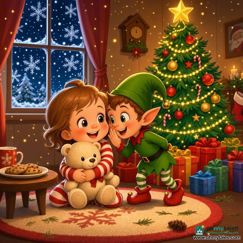 Two-year-old Mia, joyful with a round face, rosy cheeks, bright eyes and light brown hair, hugs a cream teddy while wearing red-and-white striped pajamas; the mischievous, bouncy elf Jingle, with a crooked green pointed hat, shiny red squeaky shoes and a sly grin, leans near the base of a lush Christmas tree decorated with red and gold baubles, warm lights and a bright star, surrounded by colorful presents; a frosted window shows falling snow outside, a plate of cookies sits on a small wooden table and pine needles lie on the carpet as golden glitter drifts around them in a warm, cozy, vividly lit scene.