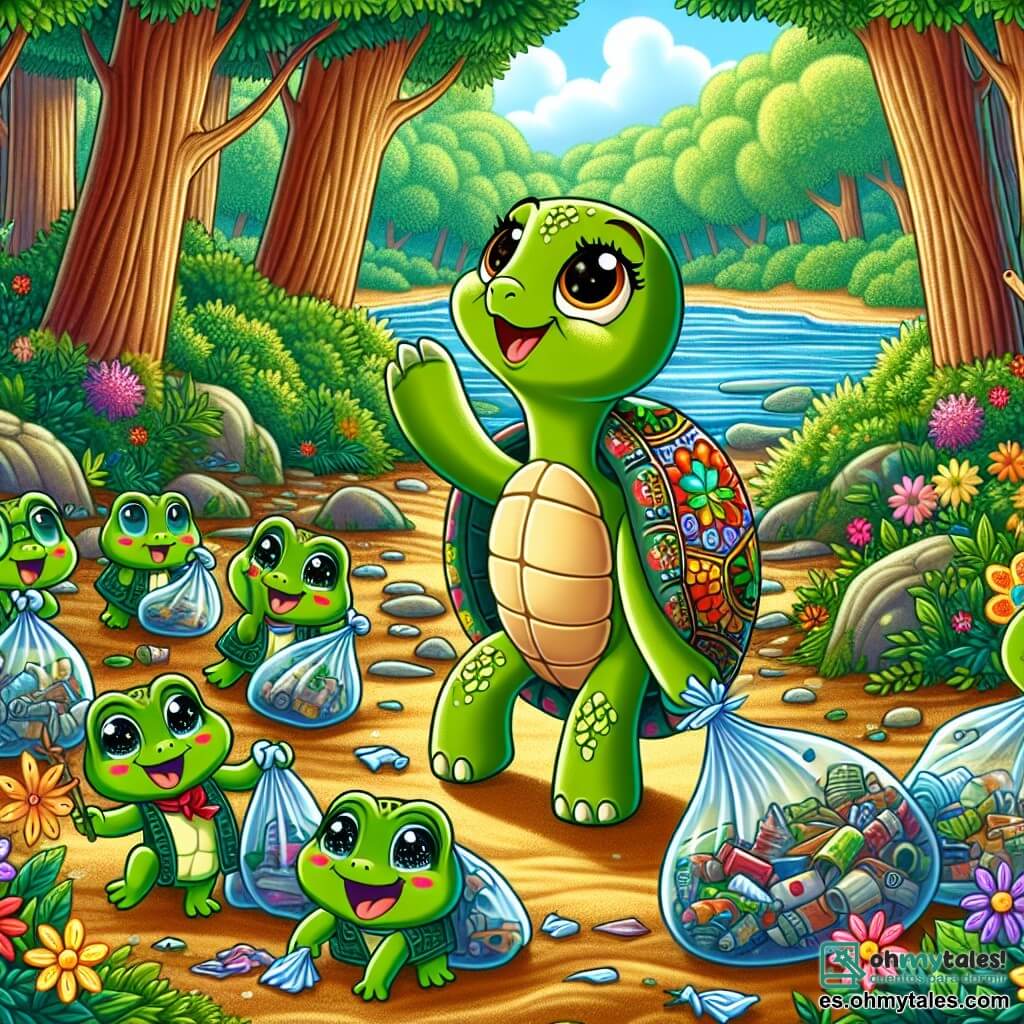 Un pequeño personaje, una tortuga con un caparazón colorido adornado con motivos florales, expresa una gran alegría y una determinación radiante. Se encuentra en el centro de la escena, levantando una pata en el aire, rodeada de basura que acaba de recoger en el bosque. A su izquierda, un grupo de pequeñas ranas verdes con ojos brillantes, saltando con entusiasmo, sostiene bolsas de plástico llenas de desechos. Muestran sonrisas deslumbrantes, listas para ayudar a su amiga. El decorado se desarrolla en un bosque verde, donde majestuosos árboles con hojas brillantes de verde se elevan hacia el cielo. Flores coloridas salpican el suelo, y un arroyo cristalino serpentea a través del paisaje, reflejando la luz del sol. La situación principal muestra a la tortuga y sus amigos en plena acción, organizando un gran día de limpieza, uniendo sus fuerzas para hacer su bosque más hermoso y limpio, mientras celebran la magia de la naturaleza.