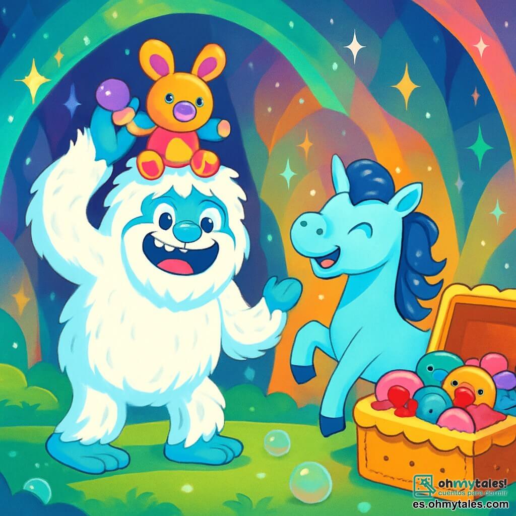 Un yeti alegre y travieso, con pelaje blanco y esponjoso, ojos chispeantes de picardía y una gran sonrisa, se encuentra en el centro de la escena, llevando un peluche colorido en la cabeza. A su lado, un caballo azul celeste, con una melena brillante como estrellas, baila alegremente, mostrando una expresión divertida y cómplice. La escena tiene lugar en una cueva mágica con paredes brillantes, donde los colores cambian como un arcoíris, y el suelo está cubierto de suave musgo y burbujas resplandecientes. Efectos de luz se reflejan en las paredes, creando una atmósfera de cuento de hadas y diversión. El yeti y el caballo se divierten juntos, riendo a carcajadas mientras descubren un cofre gigante en forma de galleta, desbordante de narices de payaso y peluches coloridos, listos para vivir una aventura hilarante.