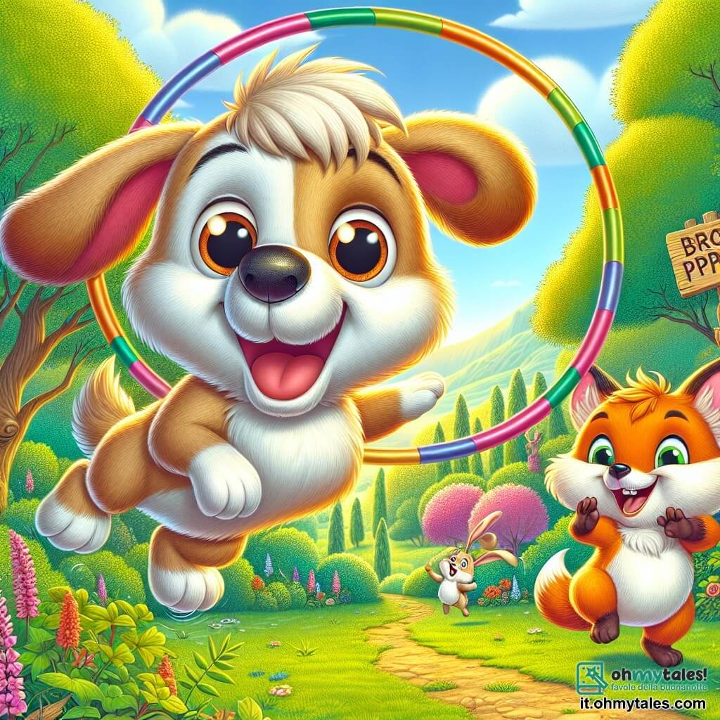 Un cane gioioso di nome Pippo, con un pelo marrone chiaro e grandi orecchie pendenti, salta attraverso un cerchio colorato con un grande sorriso, i suoi occhi brillano di eccitazione. Accanto a lui, un coniglietto bianco di nome Gigi, con grandi zampe e occhi luminosi, applaude saltellando, mentre una volpe astuta, Lalla, con un pelo arancione vivo e una coda folta, ride tenendo un cartello "Bravo Pippo!" tra le zampe. Sullo sfondo, un meraviglioso bosco incantato si estende, con alberi dalle foglie verdi brillanti, fiori colorati e raggi di sole che filtrano tra i rami. La scena mostra Pippo che si lancia gioiosamente nell'aria, pronto a saltare attraverso il cerchio, mentre i suoi amici lo incoraggiano con entusiasmo, creando un'atmosfera di camaraderie e festa.