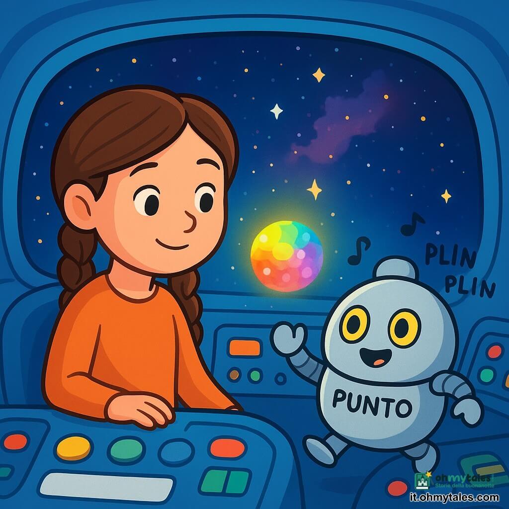 Una donna di nome Livia, con i capelli castani intrecciati e occhi calmi come un lago, è seduta nel cockpit della sua astronave blu, la Nuvola Serena. Sorride dolcemente e guarda con meraviglia una piccola sfera luminosa fluttuante, piena di colori cangianti, che brilla come una stella. Accanto a lei, un robot rotondo e argentato di nome Punto, con occhi luminosi e un'espressione gioiosa, danza leggermente emettendo suoni di "plin plin". Il cockpit è riempito di luci soffuse e pulsanti colorati, con un grande oblò che mostra l'immensità dello spazio, costellato di stelle scintillanti e nebulose colorate. Livia e Punto ascoltano attentamente la musica dolce che proviene dalla sfera luminosa, mentre si preparano ad aiutarla a trovare la sua casa nel cosmo.