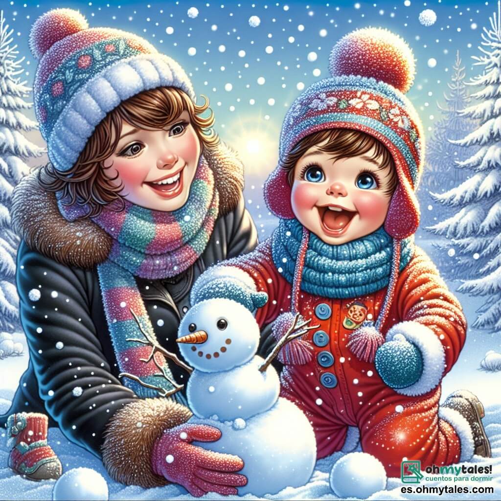 Un niño pequeño de 1 año, con cabello castaño desordenado y grandes ojos brillantes, está jugando en la nieve. Lleva un traje rojo brillante con un gorro de lana azul, y su rostro está iluminado por una sonrisa alegre, expresando su asombro ante la nieve. A su lado, su mamá, una mujer de unos 30 años, con cabello castaño recogido en un moño, lleva un abrigo negro y una bufanda colorida. Está agachada, ayudando a Lucas a hacer un muñeco de nieve, su rostro radiante de ternura y felicidad. El escenario es un jardín invernal, cubierto de una gruesa capa de nieve brillante bajo el sol. Árboles con ramas cargadas de nieve se alzan al fondo, y copos de nieve caen suavemente del cielo azul. La escena principal muestra a Lucas lanzando una bola de nieve al aire, mientras su mamá lo anima con una gran sonrisa, creando un momento lleno de alegría y diversión invernal.
