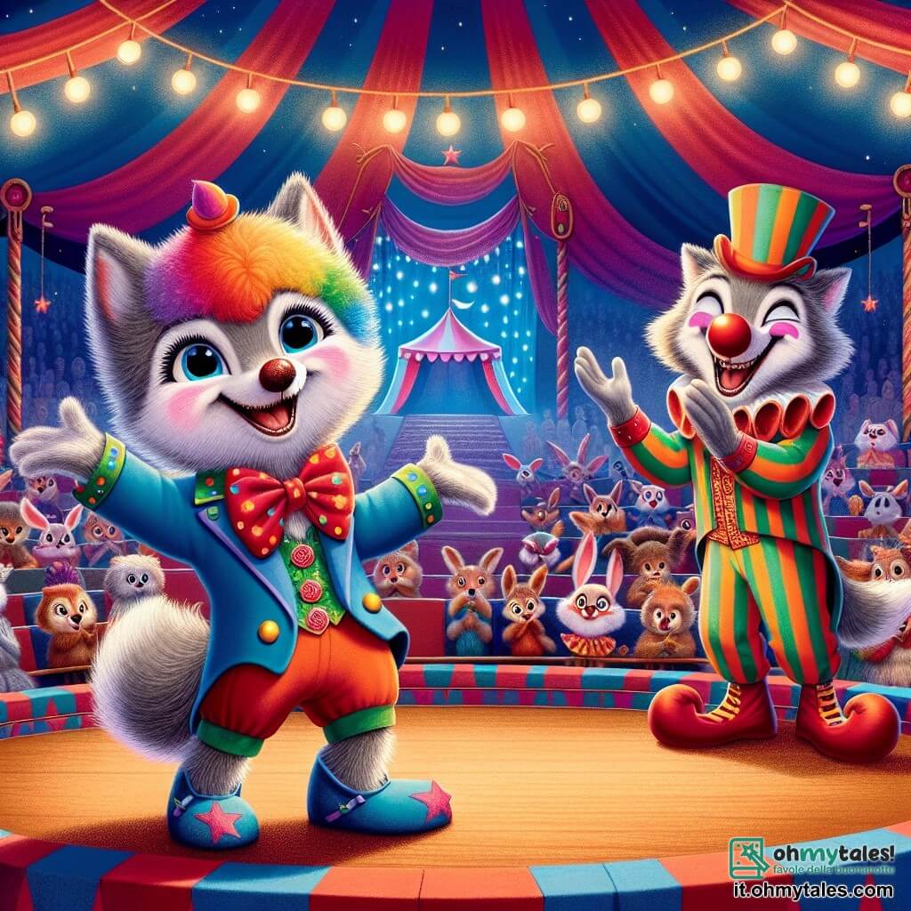 Al centro dell'immagine c'è un piccolo lupo di nome Lupoletto, con un morbido pelo grigio e occhi brillanti di curiosità, che indossa un costume da clown colorato con un grande naso rosso e una parrucca multicolore. Sta danzando gioiosamente sulla pista del circo, con un grande sorriso che illumina il suo volto, mentre fa gesti comici per intrattenere il pubblico. A destra, Giocoliero, il clown dai capelli arruffati e dal naso rosso, ride di cuore, vestito con un costume a righe vivaci, applaudendo Lupoletto con entusiasmo. Sullo sfondo, il circo è decorato con grandi tende colorate e luci scintillanti che creano un'atmosfera magica e festosa. Animali della foresta, come conigli e uccelli, sono seduti su panchine, guardando con meraviglia lo spettacolo. La scena principale mostra Lupoletto in una performance, eseguendo una danza goffa ma gioiosa, mentre il pubblico ride e applaude, creando un'atmosfera di felicità e magia sotto il grande tendone.