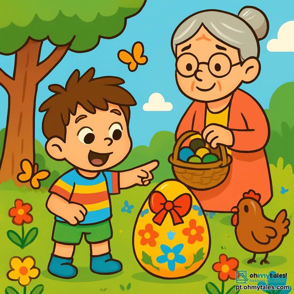Um menino de 4 anos, chamado Pedrinho, com cabelos castanhos bagunçados e olhos cheios de curiosidade, está no meio de um jardim ensolarado, seu rosto radiante de excitação e surpresa. Ele usa uma camisa listrada colorida e botinhas azuis, enquanto aponta para um enorme ovo de Páscoa brilhante, decorado com padrões florais vibrantes. Ao lado dele, sua avó, uma mulher doce de cerca de 65 anos, com cabelos grisalhos presos e óculos redondos, sorri calorosamente enquanto segura uma cesta cheia de pequenos ovos de chocolate. O jardim está repleto de flores coloridas, borboletas dançantes e galinhas bicando o chão, criando uma atmosfera alegre e festiva. Ao fundo, uma grande árvore sombreada oferece um refúgio pacífico, enquanto o céu é de um azul brilhante salpicado de algumas nuvens brancas fofas. A cena principal mostra Pedrinho descobrindo o ovo de Páscoa gigante, com um olhar maravilhado, pronto para seguir a travessa papoula que se escondeu entre as flores, deixando para trás uma trilha de pétalas coloridas.