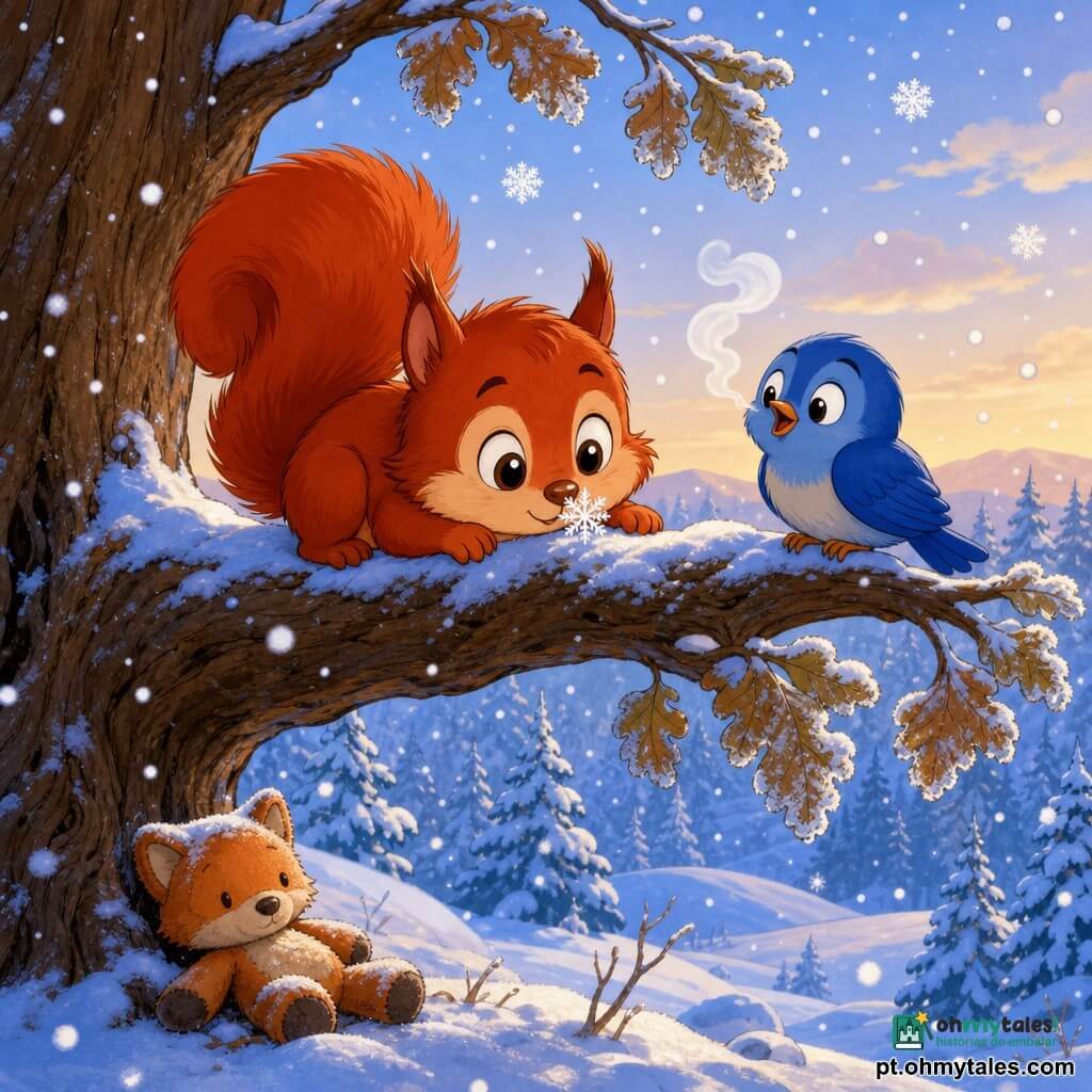 Um pequeno esquilo chamado Pingo, expressivo e curioso, rosto redondo, olhos grandes e brilhantes e pelo ruivo fofo, com as patas dianteiras numa rama coberta de neve tocando delicadamente um floco com o nariz, ar maravilhado e sorriso tímido; um passarinho azul, pequeno e redondo, pousado na mesma rama, olhar meigo, plumagem lisa e soltando vapor pelo bico como se cantasse; no solo, uma raposa de pelúcia abandonada, coberta por uma fina camada de neve, laranja pálida, junto ao tronco; cena numa rama larga e texturada com casca castanha e folhas geadas, fundo de floresta nevada com silhuetas azuladas de árvores e colinas suaves sob um céu pálido; primeira neve com flocos grandes e fofos, luz suave do fim de tarde, ambiente calmo, mágico e acolhedor apesar do frio.