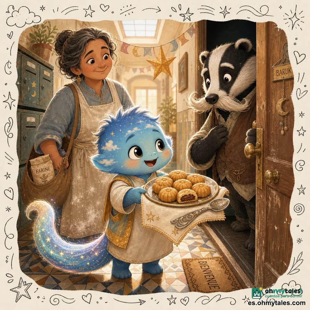 Lumo, personaje principal: pequeño ser infantil de piel cambiante que refleja el cielo, pelaje suave, cola brillante, rostro redondo y ojos curiosos, expresión alegre, sostiene un platito con seis mini maamoul rellenos de pasta de dátiles y una vieja cuchara metálica grabada; Zafra, adulto cuidador similar a humano con rasgos suaves, delantal claro con manchas de harina, mirada benigna, se sitúa detrás de Lumo con una bolsa que contiene harina; Baruk, vecino tejón con grandes bigotes y chaleco viejo, abre la puerta semioscura sorprendido y luego aliviado, mirando el plato con emoción; lugar: pasillo cálido de edificio con suelo geométrico, buzones de metal gastado y luz dorada matinal que entra por una claraboya, guirnaldas y estrella de papel en el techo; situación: Lumo y Zafra ofrecen en el umbral un pequeño bandeja de pasteles caseros en gesto humilde y alegre, foco en las miradas y la bandeja luminosa, tonos cálidos y ambiente de compartir festivo.