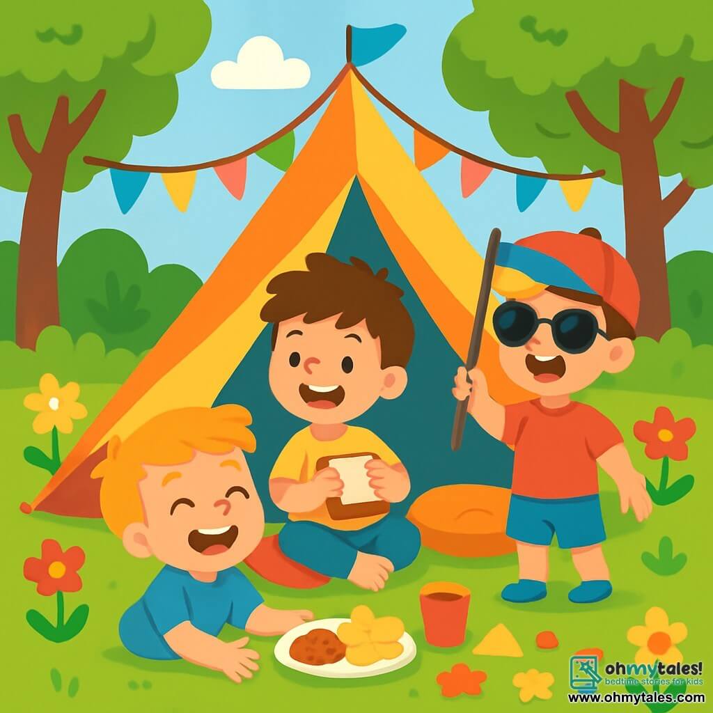 There are three characters: Max, an 8-year-old boy with messy brown hair and a yellow t-shirt, sitting on a cushion inside the tent, smiling and holding a sandwich; Leo, a 7-year-old boy wearing a red hat and sunglasses, standing at the tent entrance with a colorful flag he made; and Ben, an 8-year-old boy with blonde hair and a blue t-shirt, lying on the tent floor, surrounded by paper decorations, laughing with his friends. The setting is a lush garden filled with colorful flowers and majestic trees, featuring a large brightly colored tent with soft cushions inside. Paper garlands float above, adding a festive touch. The main scene shows the three friends enjoying a joyful picnic in their summer tent, laughing together, surrounded by tasty snacks, and relishing their sunny day filled with happiness and friendship.
