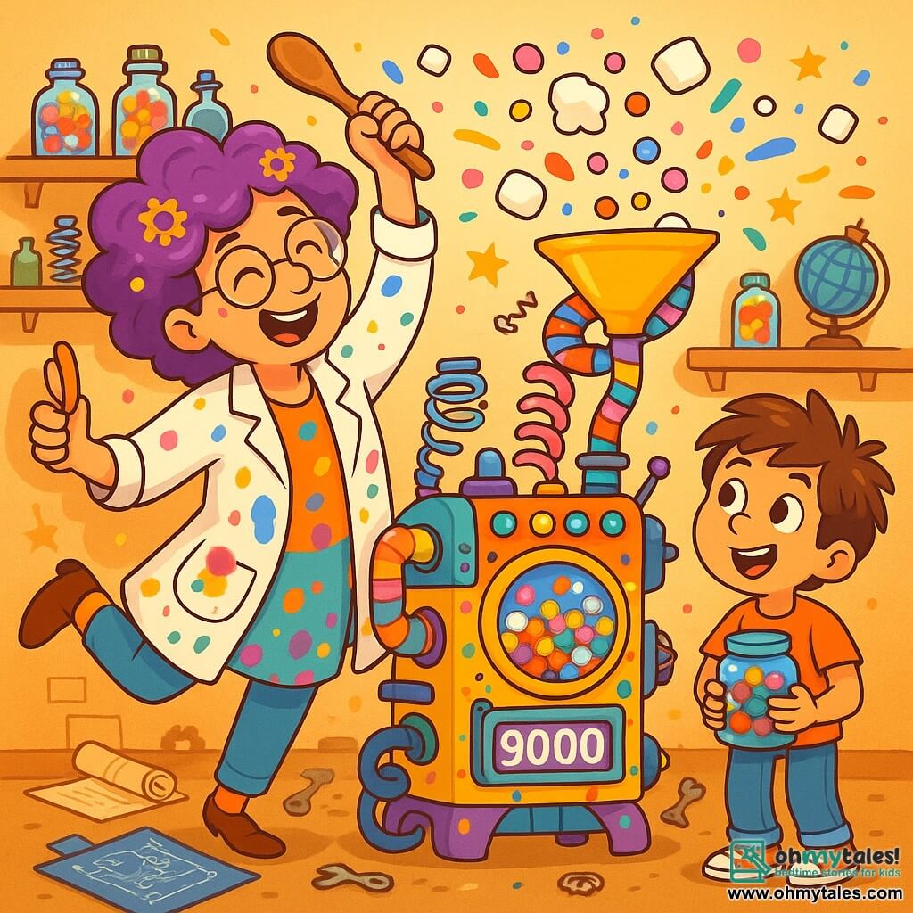 Penelope Pufflewhisk, a woman with vibrant purple hair adorned with small gears, is joyfully dancing in her workshop, her face beaming with excitement. She wears a colorful lab coat splattered with paint and candy, holding a wooden spatula, ready to add a magical touch to her machine. Beside her, an 8-year-old boy with messy brown hair and sparkling eyes watches in wonder the Candyfier 9000, a whimsical, colorful machine full of blinking lights and spiraled tubes. He holds a jar of candy, eager to make a special request. Penelope's workshop is a creative chaos, with shelves filled with jars of candy, plans scattered on the floor, and shiny tools glinting in the light. Bright colors and sweet scents fill the air, creating a joyful and playful atmosphere. The main scene shows Penelope tossing a mix of candies into her machine, while clouds of colorful confetti and marshmallows escape from the Candyfier 9000, eliciting laughter from the boy and filling the workshop with a festive, magical vibe.