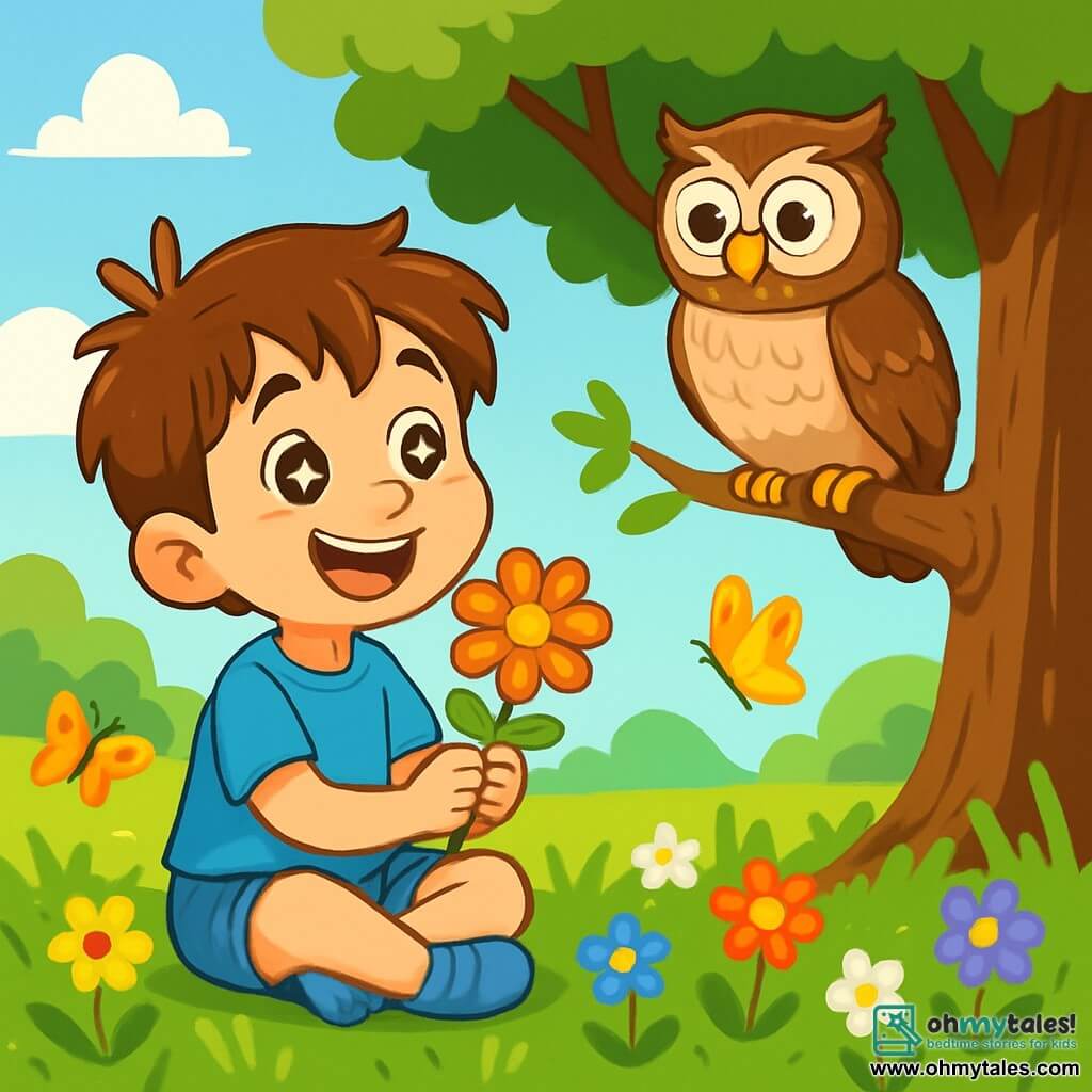 A 6-year-old boy named Oliver, with messy brown hair and bright star-like eyes, is sitting in a lush meadow, a wide smile lighting up his face. He is wearing a blue t-shirt and denim shorts, his small hands gently holding a colorful flower that he admires in wonder. Nearby, a wise old owl, with brown feathers and large round eyes, is perched on a branch of a majestic oak tree. It looks at Oliver kindly, ready to share its wisdom. The setting is a sunny meadow dotted with vibrant flowers of all colors, where the wind makes the tall grass dance. Colorful butterflies flutter around, adding a touch of magic to the environment. The main scene shows Oliver asking the owl a question, his face glowing with curiosity and enthusiasm, while the owl, looking wise, prepares to give him advice on happiness.