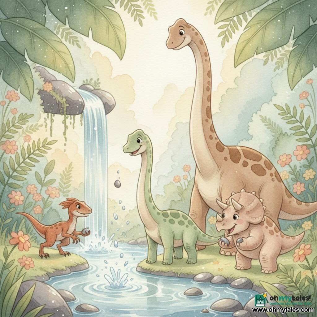 A smiling, wide-eyed young diplodocus with pale green speckled skin, long thin legs and a very long neck tilts its head toward a sparkling waterfall as it tosses a small shiny pebble into crystal-clear water; to its right Tilly the triceratops, round and sturdy with rosy-beige armor and three short horns, excitedly holds a pebble in her front feet; behind them Benny the towering, calm brachiosaur with a massive neck and brown spots stands with a raised leg as if protecting the group; to the left Max the small, nimble velociraptor with reddish plumage and mischievous eyes crouches at the pool edge ready to leap, holding a pebble in his claw; the scene is a lush valley carpeted with ferns and colorful flowers, glossy rocks around a clear pool, a thin sparkling waterfall, soft mist and sunbeams through giant leaves, as the four friends make a wish by throwing pebbles and send up glints of light and tiny water sparks amid expressions of wonder and shared friendship.