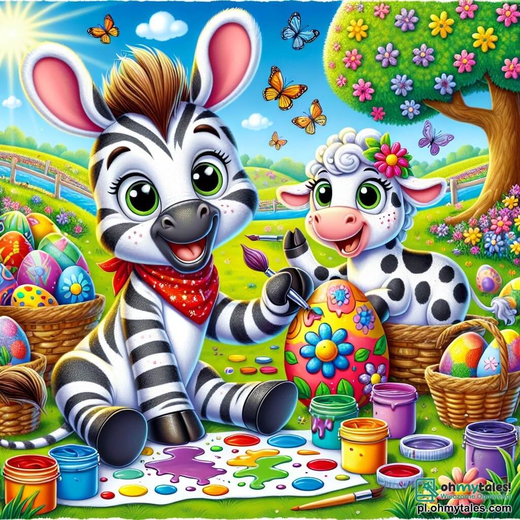 Na środku obrazu mały zebra o dużych uszach, nazwany Puszek, maluje kolorowe pisanki. Ma promienny uśmiech, jego oczy błyszczą radością, a na szyi ma mały czerwony szalik. Jego łapy są pokryte farbą, a w jednej trzyma pędzel. Obok niego jego najlepsza przyjaciółka, czerwona krowa w białe plamy o imieniu Kiki, dekoruje jajko kwiatami. Ma figlarny wyraz twarzy i śmieje się radośnie, jej oczy błyszczą podekscytowaniem. Siedzi na trawie otoczona doniczkami z farbą. Tło stanowi piękna zielona łąka, usiana kolorowymi kwiatami i małymi motylkami. W tle widać duże drzewo z kwitnącymi gałęziami, pod którym stoi duży kosz pełen pisanek. Sytuacja główna pokazuje Puszka i Kiki bawiących się razem, śmiejących się i tworzących kolorowe pisanki, otoczonych pięknem natury, celebrujących radosnego ducha Wielkanocy.
