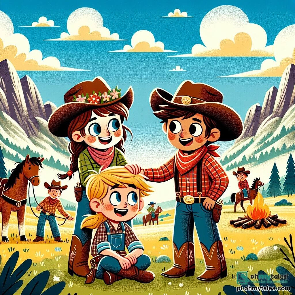 Clara, uma jovem cow-girl de 10 anos, tem longos cabelos castanhos trançados e usa um chapéu de cowboy decorado com flores. Ela sorri entusiasmada, com os olhos brilhando de alegria, enquanto ajuda seu amigo Tom a se levantar após uma queda. Tom, um garoto de 11 anos, tem cabelos loiros bagunçados e veste uma camisa xadrez vermelha. Ele está ao lado de Clara, com um sorriso agradecido no rosto, enquanto se levanta. Jack, outro garoto de 11 anos, tem cabelos castanhos e usa um bandana no pescoço. Ele está um pouco afastado, com os braços cruzados, mas com um olhar amigável, pronto para se juntar a eles. A cena acontece em uma vasta pradaria ensolarada, cercada por montanhas majestosas. O céu é de um azul brilhante, salpicado de algumas nuvens brancas e fofas. Ao longe, uma fogueira crepita, e cowboys e cowgirls riem e dançam ao redor. A situação principal mostra Clara e seus amigos unidos, prontos para participar de uma corrida amigável, ilustrando o espírito de equipe e a amizade, com sorrisos radiantes e uma atmosfera alegre.