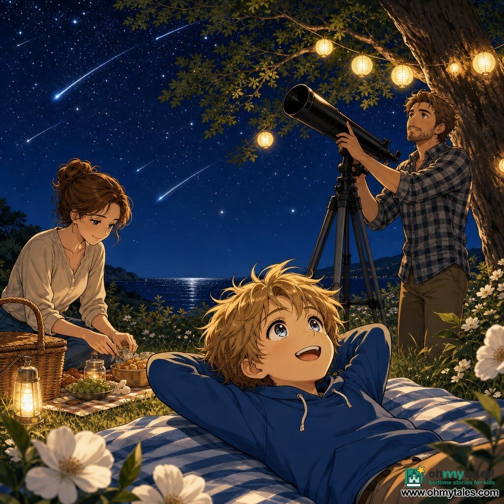 A smiling 10-year-old boy with sandy blond hair lies on a blue-and-white striped blanket watching the night sky as a meteor shower; his mid-30s mother with chestnut hair in a bun prepares snacks at a small cloth near a picnic basket to his left, and his bearded father in a plaid shirt stands by a large oak to his right pointing a black telescope; the small coastal garden has green lawn, large white flowers, yellow paper lanterns hanging from the oak, and a distant dark sea, all bathed in warm lantern glow under a star-filled navy sky streaked with bright shooting stars.