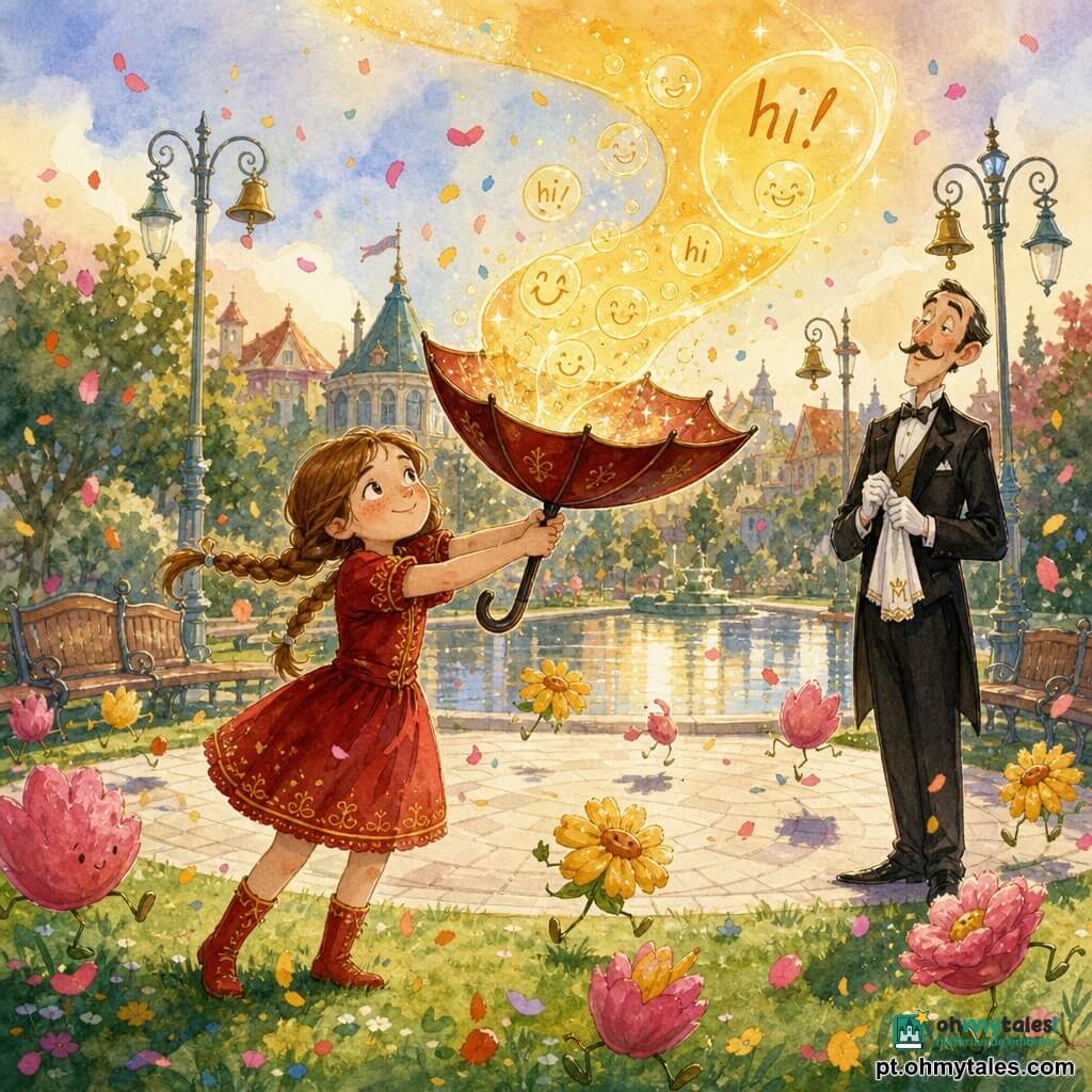 A princesa Pimenta (menina, ~11 anos), alegre e decidida, rosto redondo com sardas, cabelo castanho claro em duas tranças, veste um vestido curto vermelho com bordados amarelos e segura um grande guarda-chuva aberto ao contrário para apanhar o Riso Real, um fitilho luminoso dourado e translúcido com faíscas e bolhas contendo "hi" que flutua sobre o guarda-chuva; ao fundo à direita, o mordomo Bico-Fino (homem, ~50 anos) em traje preto e luvas brancas observa aliviado com uma pequena toalha na mão; ao redor, flores saltitantes coloridas e confetes flutuam sobre um gramado verde vivo, no centro um pequeno largo circular calçado com bancos de madeira curvos, postes metálicos e um espelho de água refletindo a luz do Riso Real.
