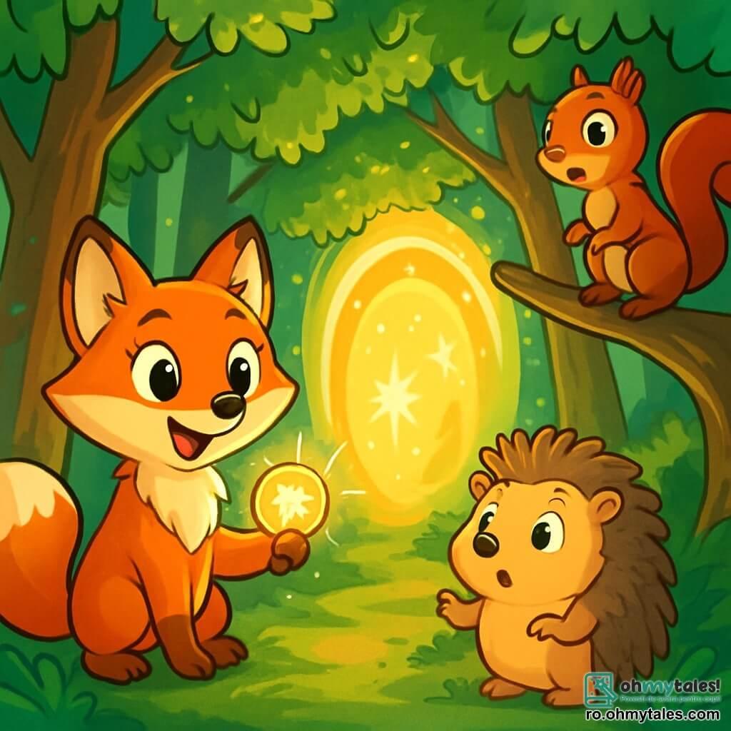 O vulpiță mică cu blană roșie strălucitoare, ochi mari curioși și un zâmbet uimitor, stă în fața unui portal de lumină sclipitoare, ținând o amuletă strălucitoare în lăbuță. Lângă ea, un arici drăguț, cu țepi pufoși și ochi rotunzi, pare surprins și încântat, în timp ce o veveriță jucăușă, cu blana maronie și coada pufoasă, stă pe o ramură, privindu-i cu uimire. Între cei trei se află o pădure magică, cu copaci înalți și frunze strălucitoare, iar razele de soare pătrund prin crengile dense, creând un joc de lumini și umbre pe solul acoperit de mușchi verde. În această scenă, vulpița Nori, ariciul Mico și veverița Lili descoperă un portal strălucitor care îi duce spre o lume plină de aventuri, iar curiozitatea și entuziasmul le luminează fețele.